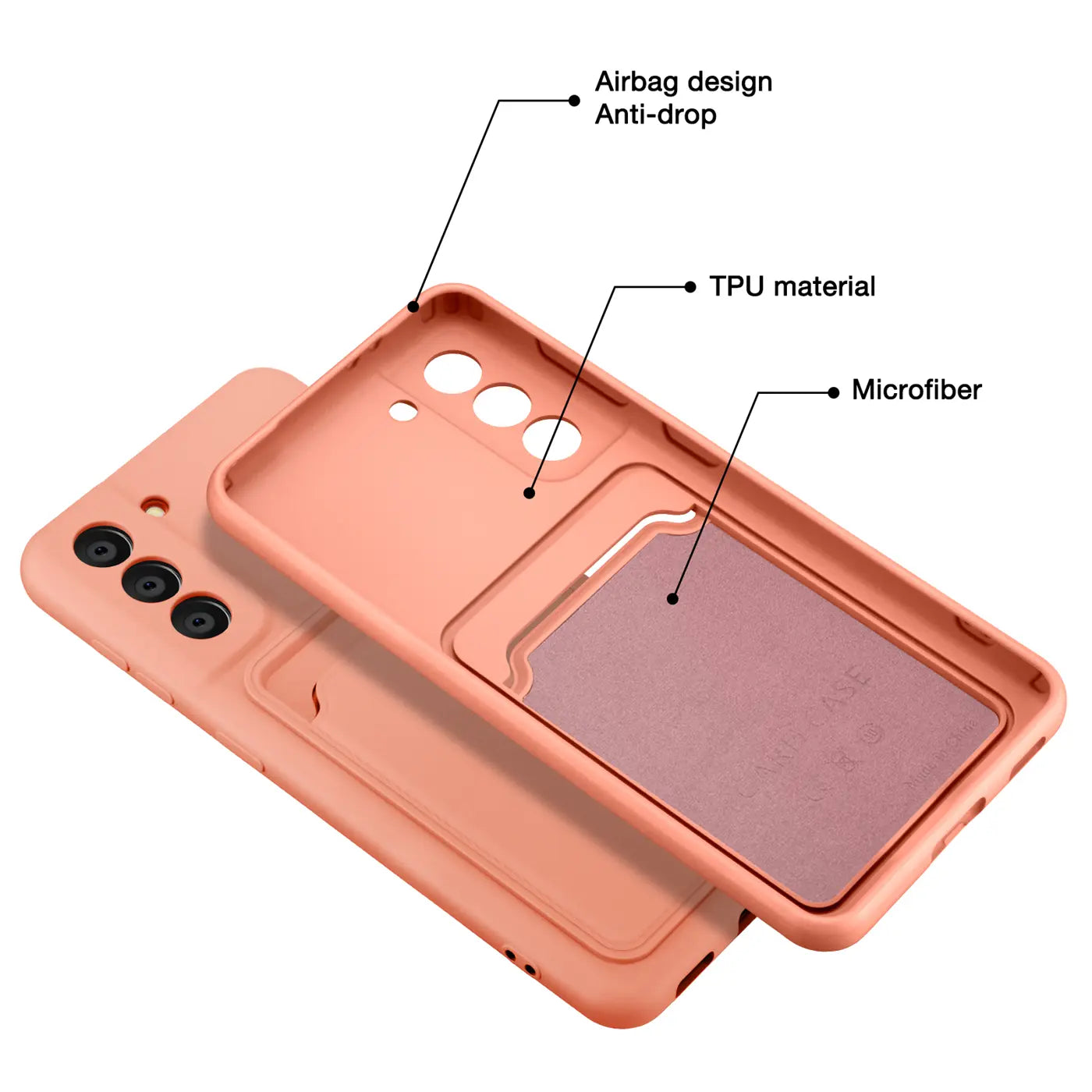 Orange TPU Hülle mit Kartenfach für Samsung S21 FE, von oben/schräg gezeigt.