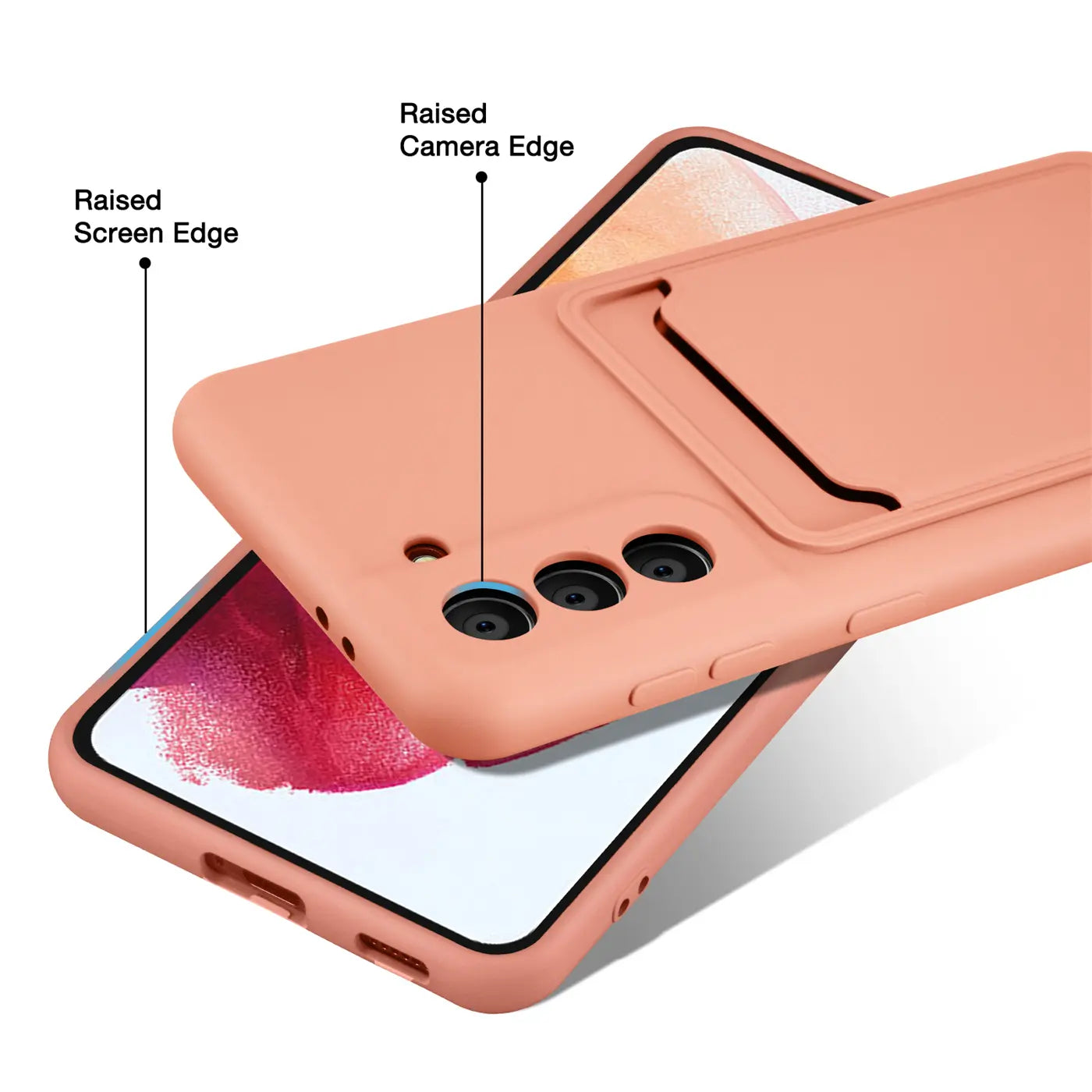 Rosa Hülle mit Kartenfach für Samsung Galaxy S21 FE, von oben/seitlich gezeigt.