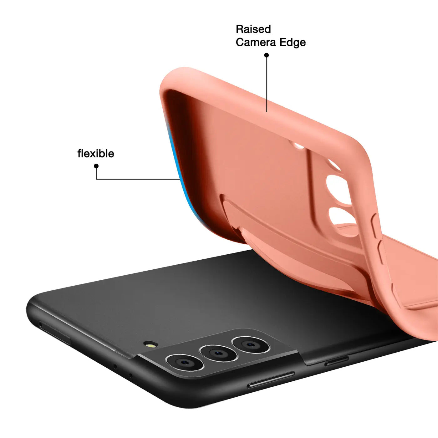 Lachsfarbene Hülle aus flexiblem Material, die über ein schwarzes Samsung Galaxy S21 FE gelegt wird.