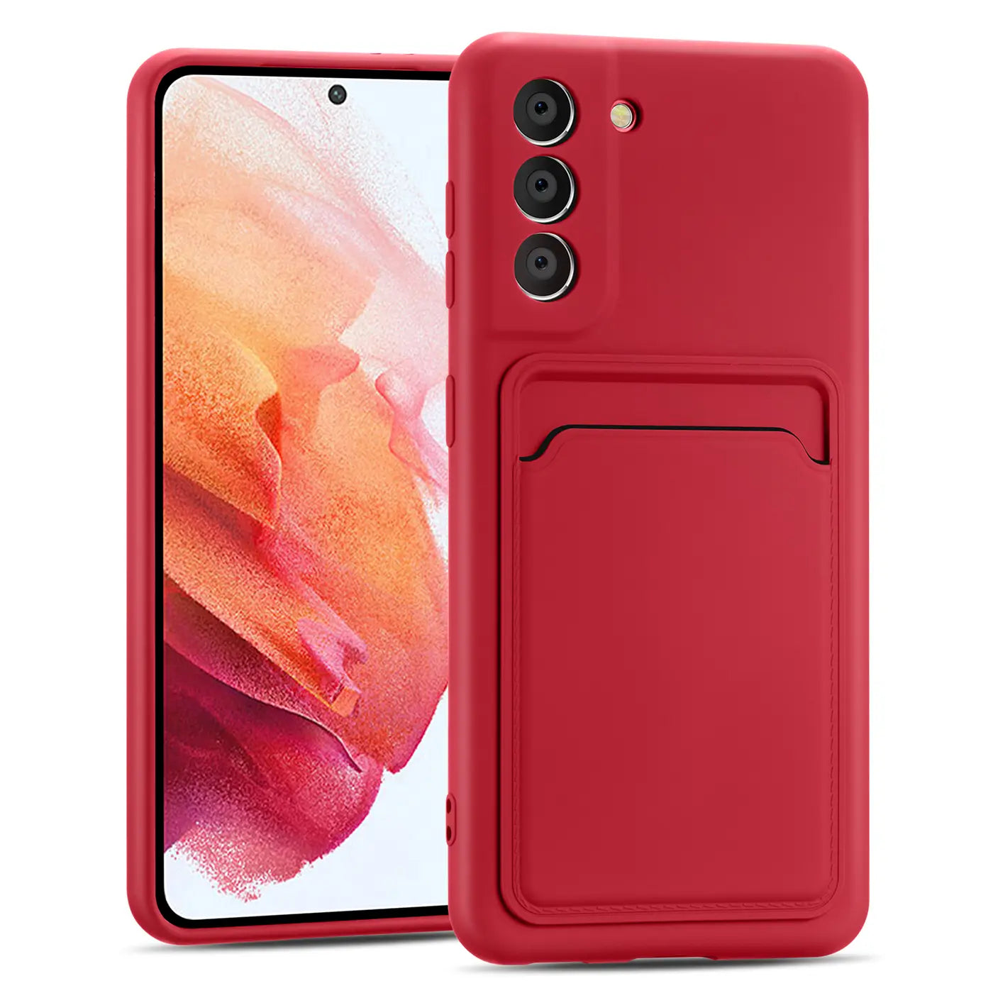 Rote Slim Hülle mit Kartenfach, Vorder- und Rückansicht, Samsung Galaxy S21 FE.