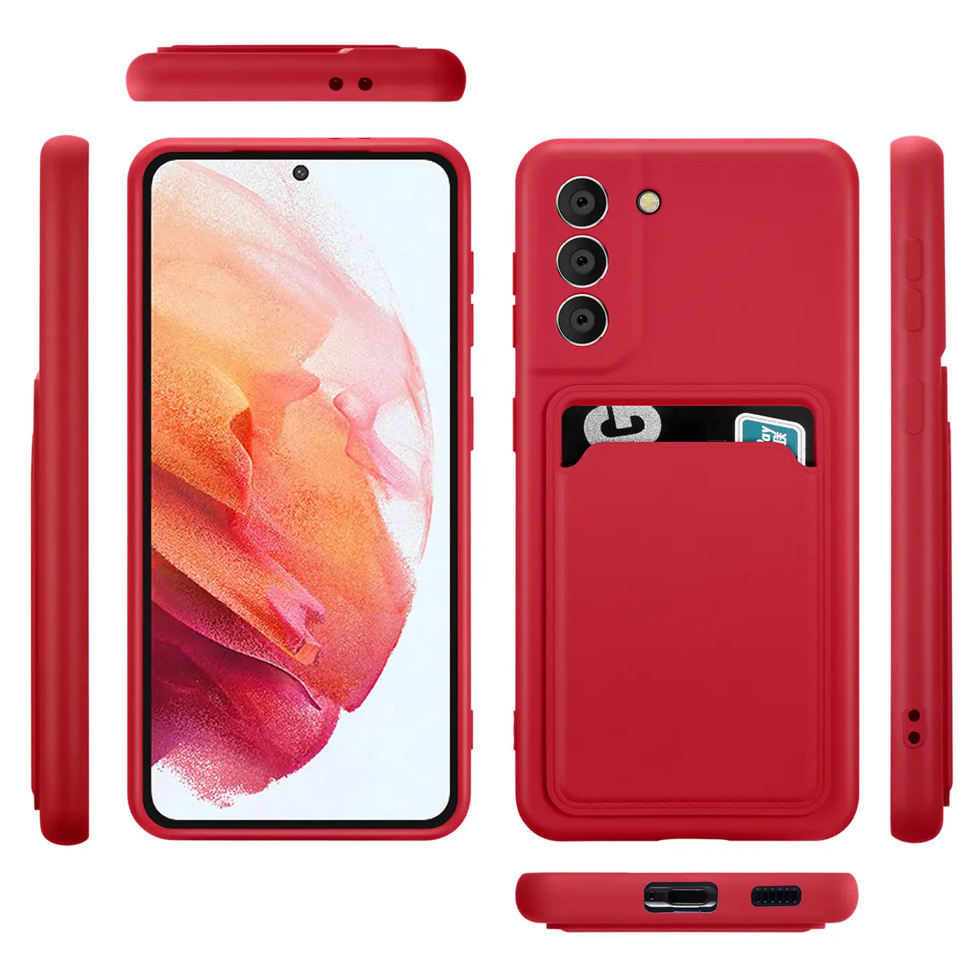 Rote Hülle mit Kartenfach für Samsung S21 FE, verschiedene Ansichten.