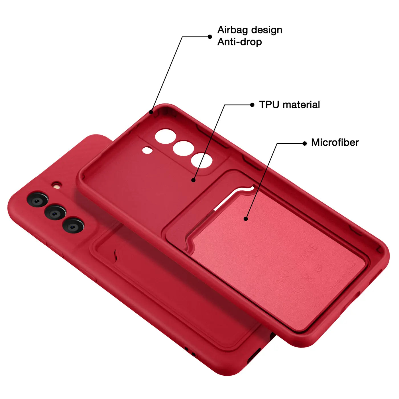 Rote TPU-Hülle mit Kartenfach, von oben schräg fotografiert, zeigt Samsung S21 FE Rückseite.