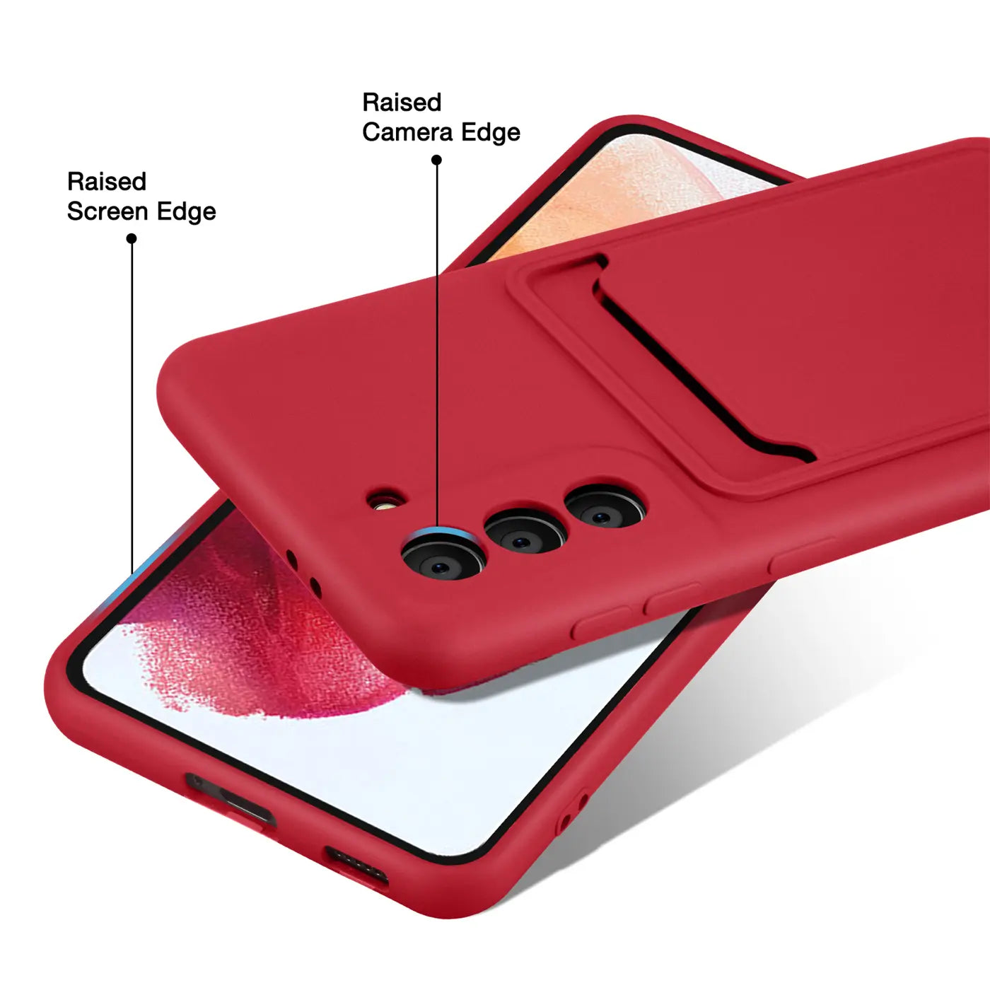 Rote Slim Hülle mit Kartenfach für Samsung S21 FE, von oben, mit Kamera- und Bildschirmrand.