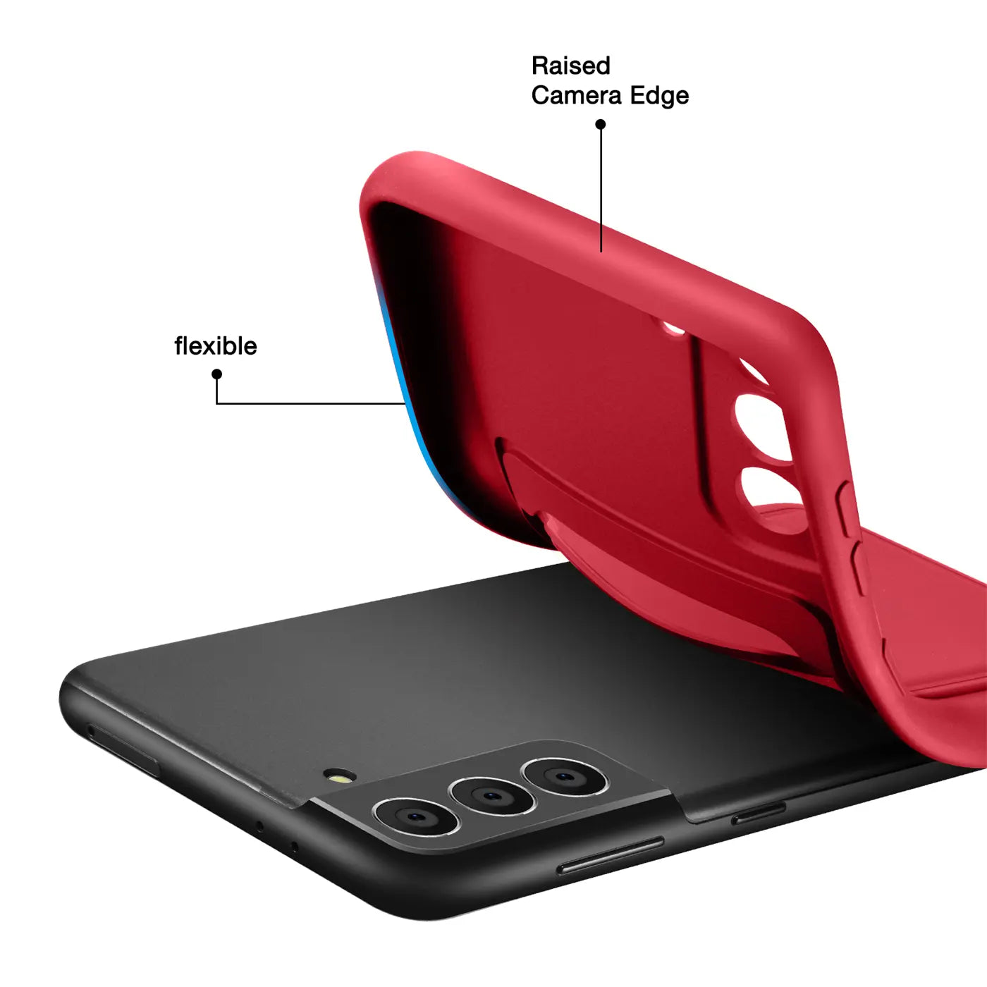 Rote, flexible Hülle mit Kartenfach über schwarzem Samsung S21 FE, Seitenansicht.