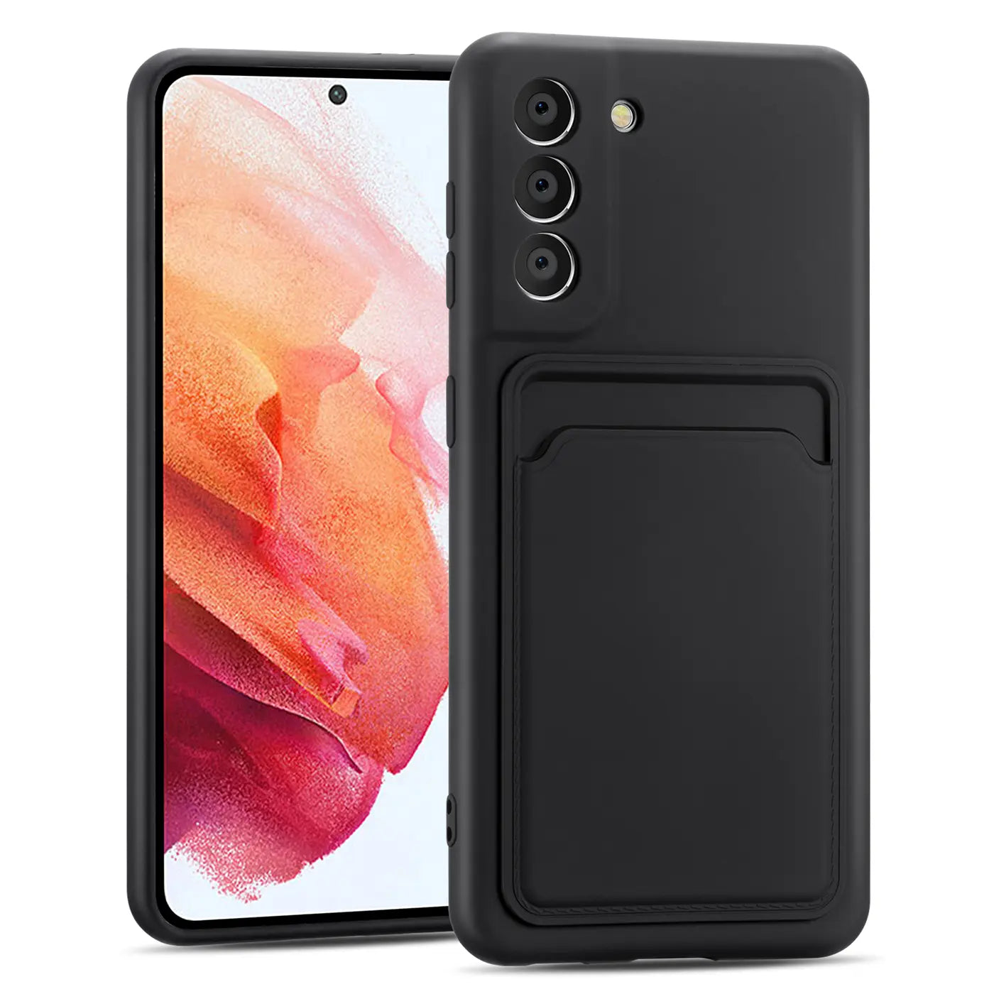 Schwarze Slim Hülle aus Kunststoff mit Kartenfach für Samsung Galaxy S21 FE, von vorne links gezeigt.