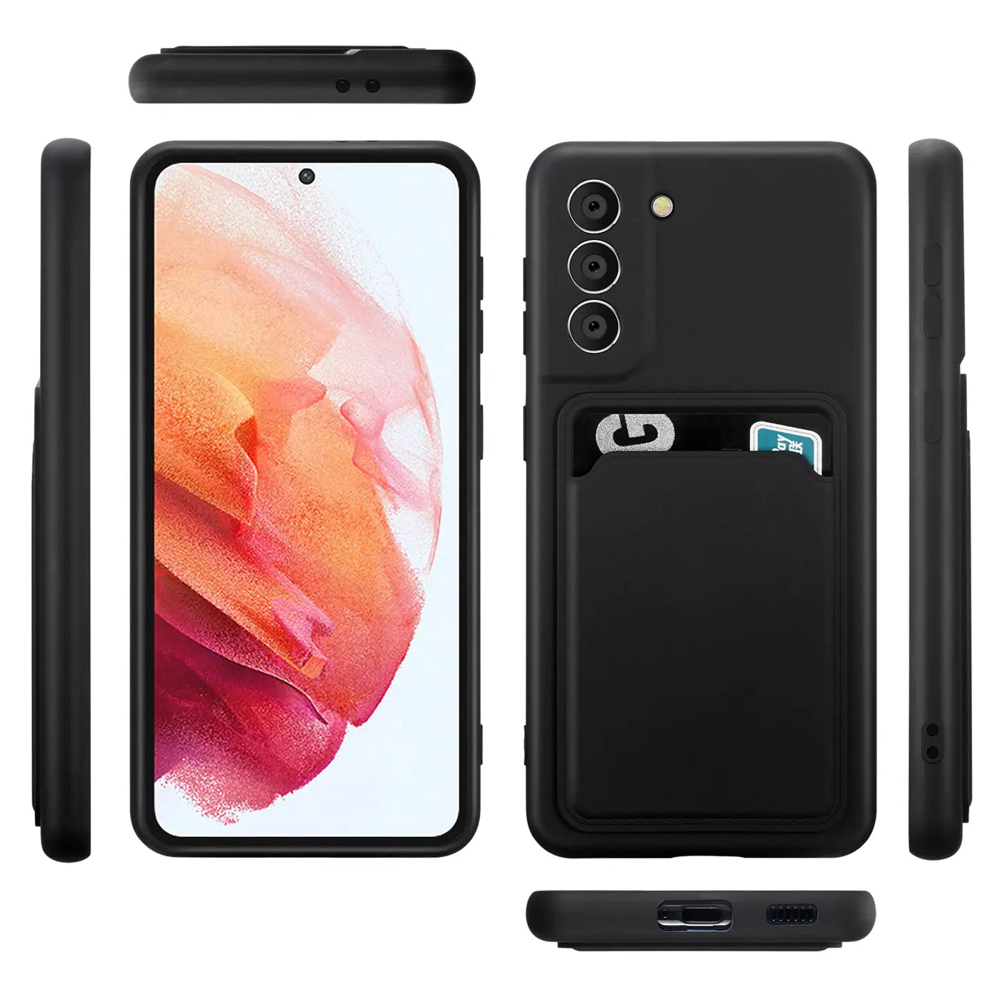 Schwarze Slim Hülle mit Kartenfach für Samsung Galaxy S21 FE, verschiedene Ansichten