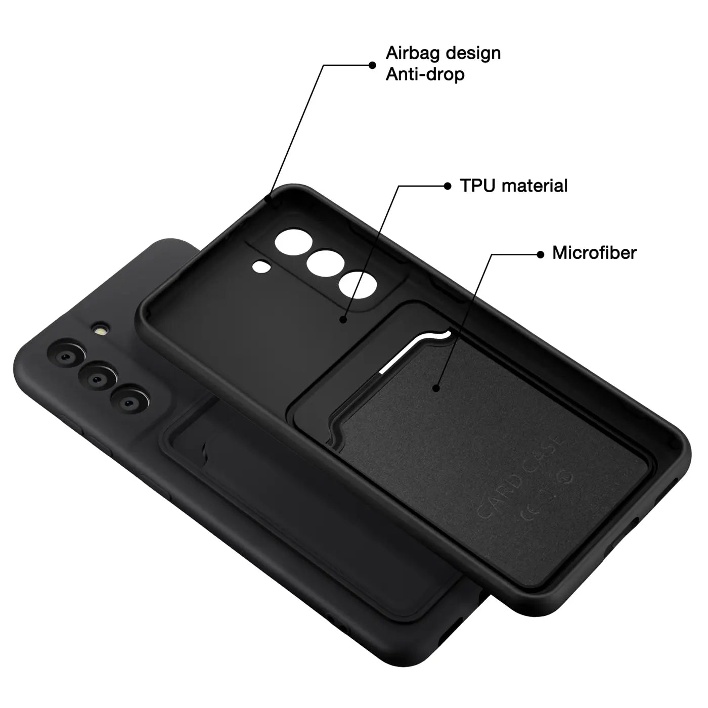 Schwarze TPU-Hülle mit Kartenfach, von oben, für Samsung Galaxy S21 FE.