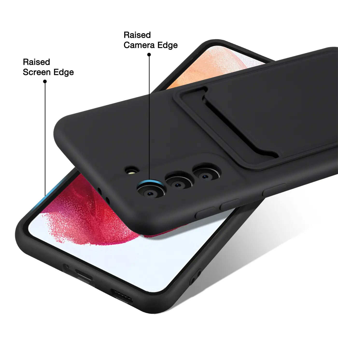 Schwarze Slim Hülle mit Kartenfach, aus Kunststoff, zeigt Samsung S21 FE, von oben