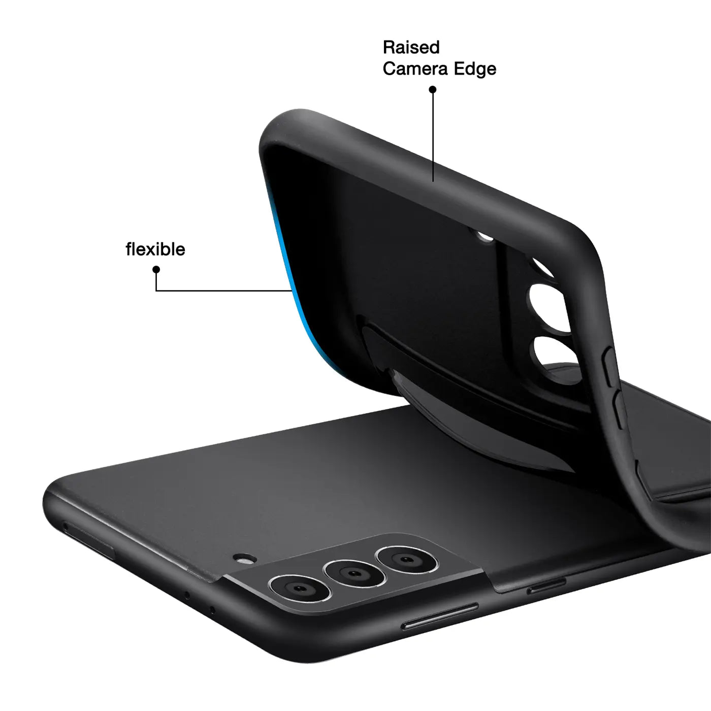 Schwarze flexible Hülle, von oben, auf Samsung S21 FE mit Kamera.