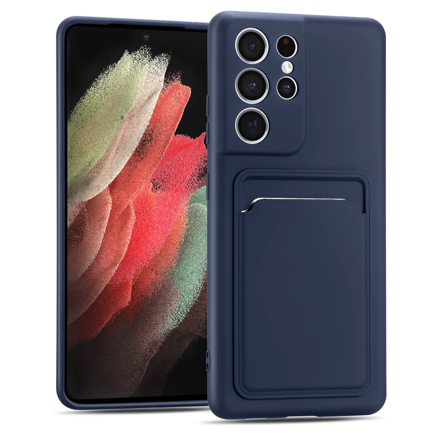 Dunkelblaue Slim Hülle aus Kunststoff mit Kartenfach, seitliche Ansicht, Samsung Galaxy S21 Ultra.