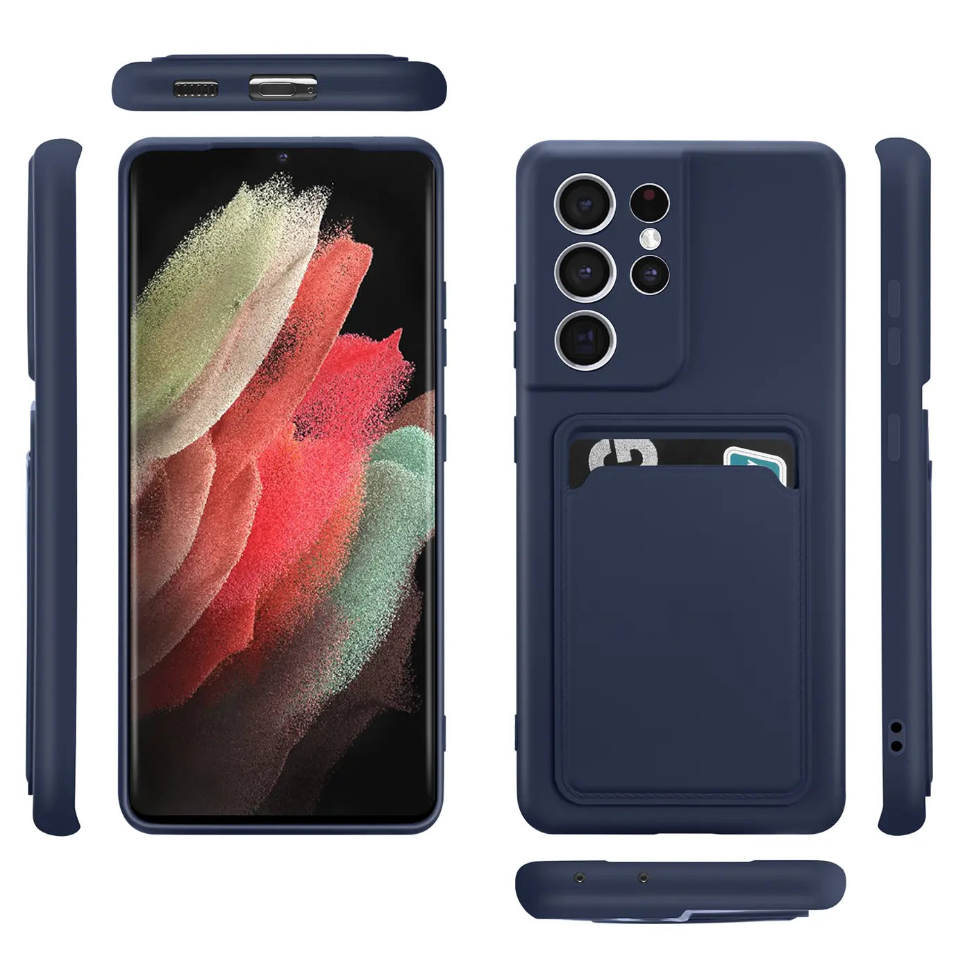 Dunkelblaue Handyhülle aus Kunststoff mit Kartenfach, zeigt Samsung S21 Ultra von vorne und hinten.