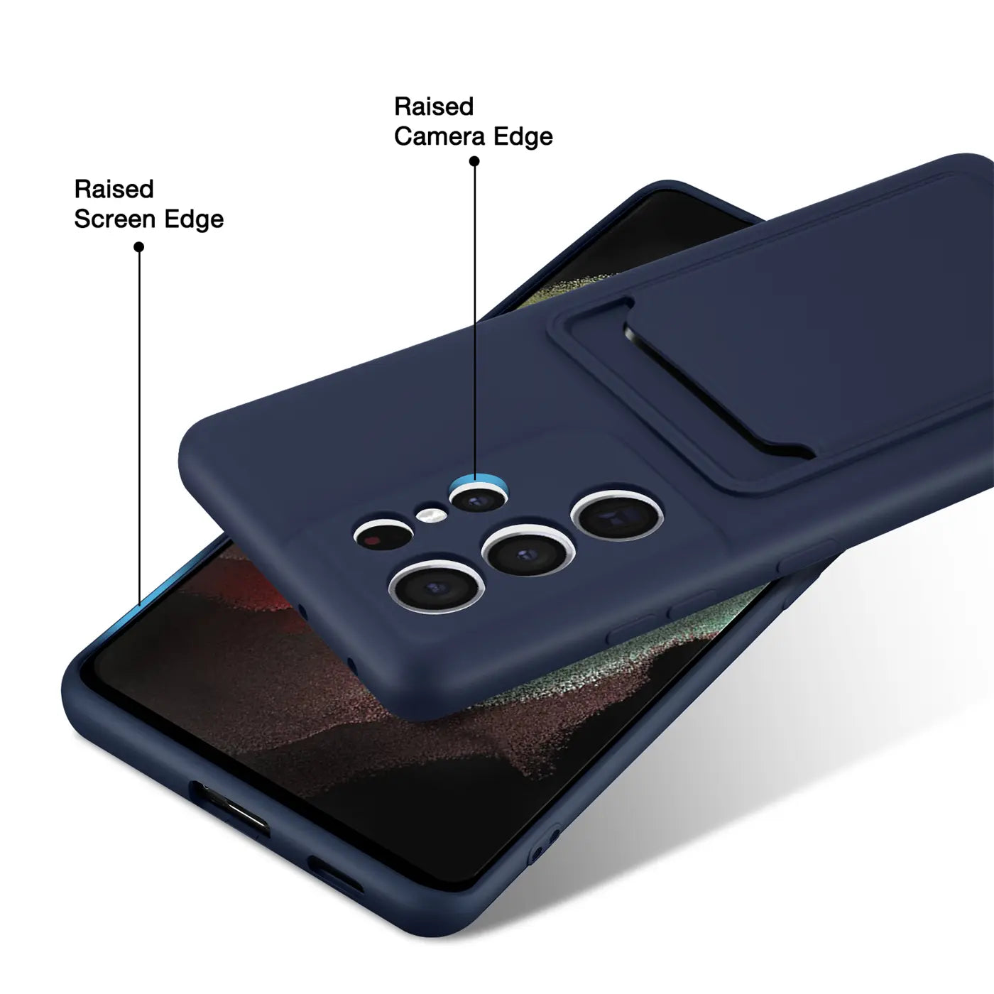 Dunkelblaue Slim-Hülle aus Kunststoff mit Kartenfach, seitliche Ansicht, auf Samsung S21 Ultra.