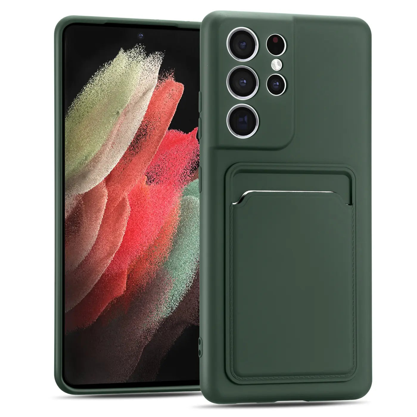 Dunkelgrüne Slim Hülle aus Kunststoff mit Kartenfach für Samsung Galaxy S21 Ultra, von vorne/leicht schräg.