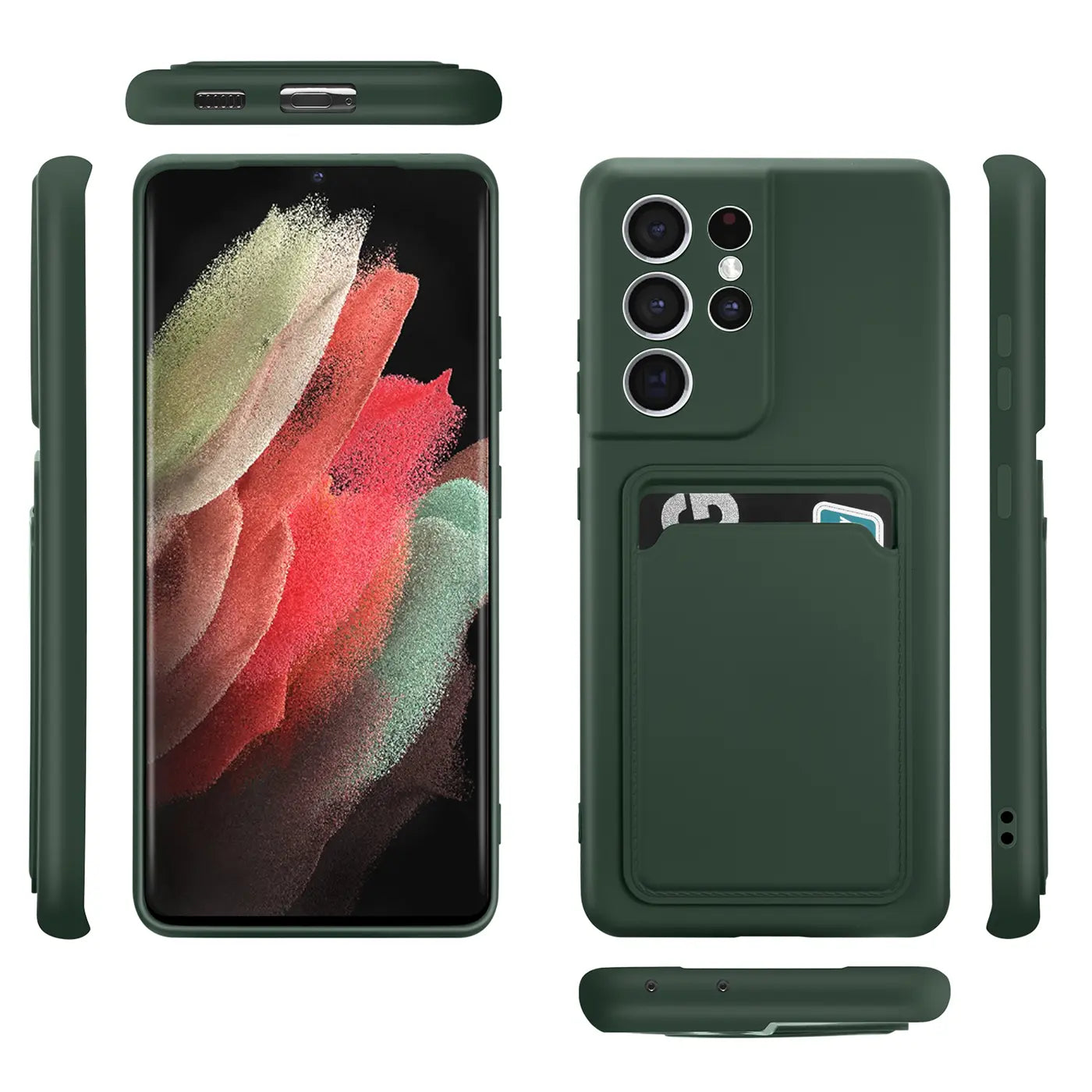 Dunkelgrüne Slim Hülle mit Kartenfach für Samsung S21 Ultra, verschiedene Ansichten.