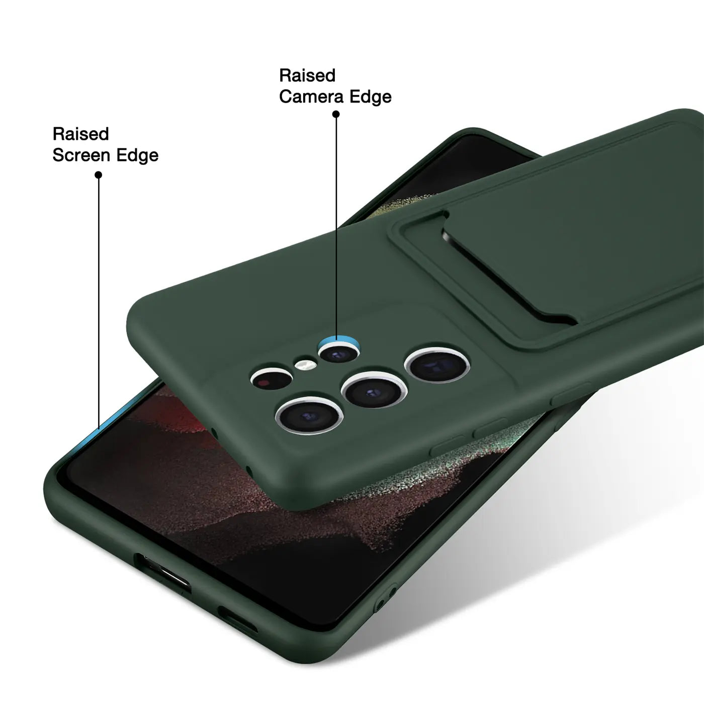 Dunkelgrüne Slim-Hülle aus Kunststoff mit Kartenfach, zeigt Samsung Galaxy S21 Ultra von hinten.
