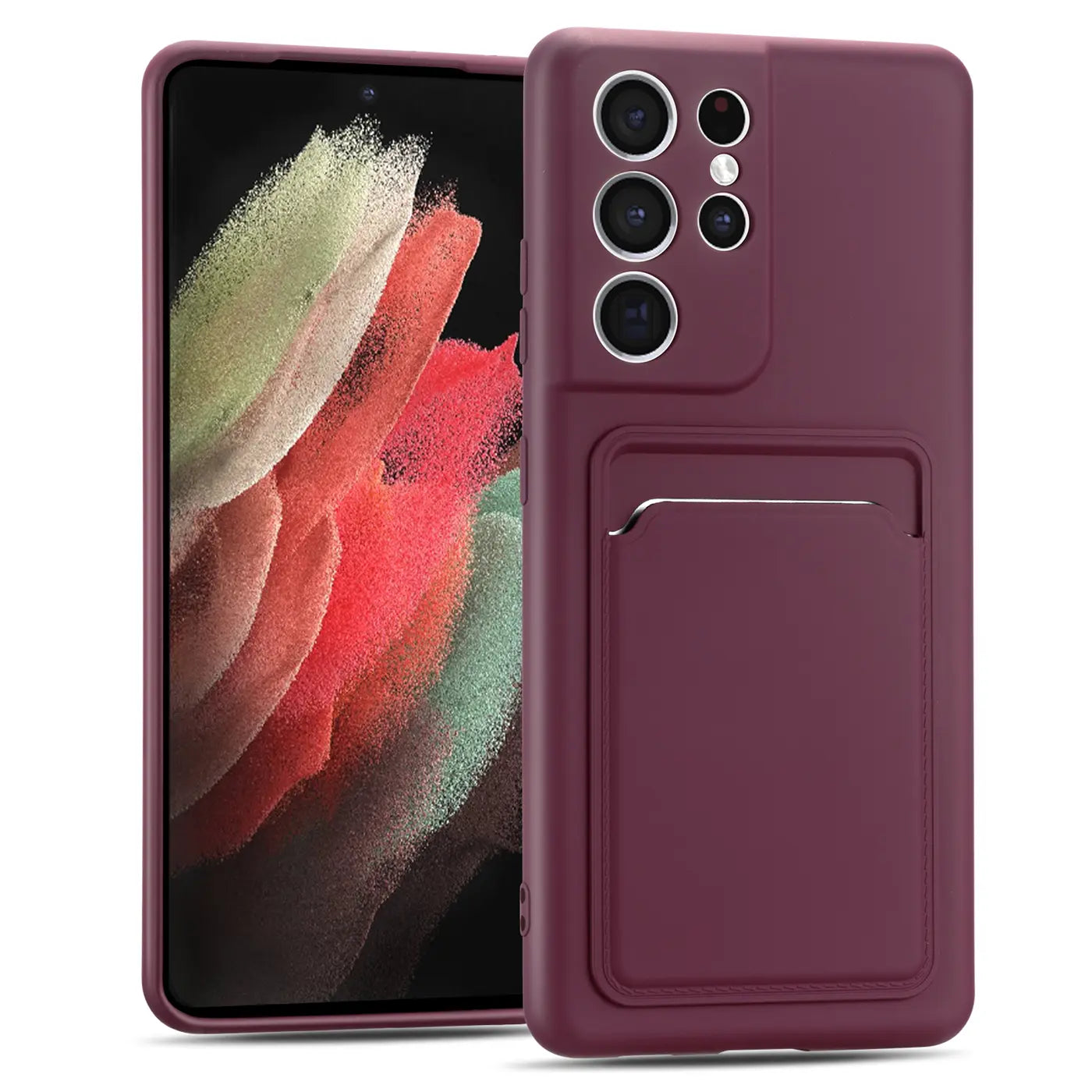 Dunkelrote Slim Hülle mit Kartenfach für Samsung S21 Ultra, von vorne/leicht schräg.