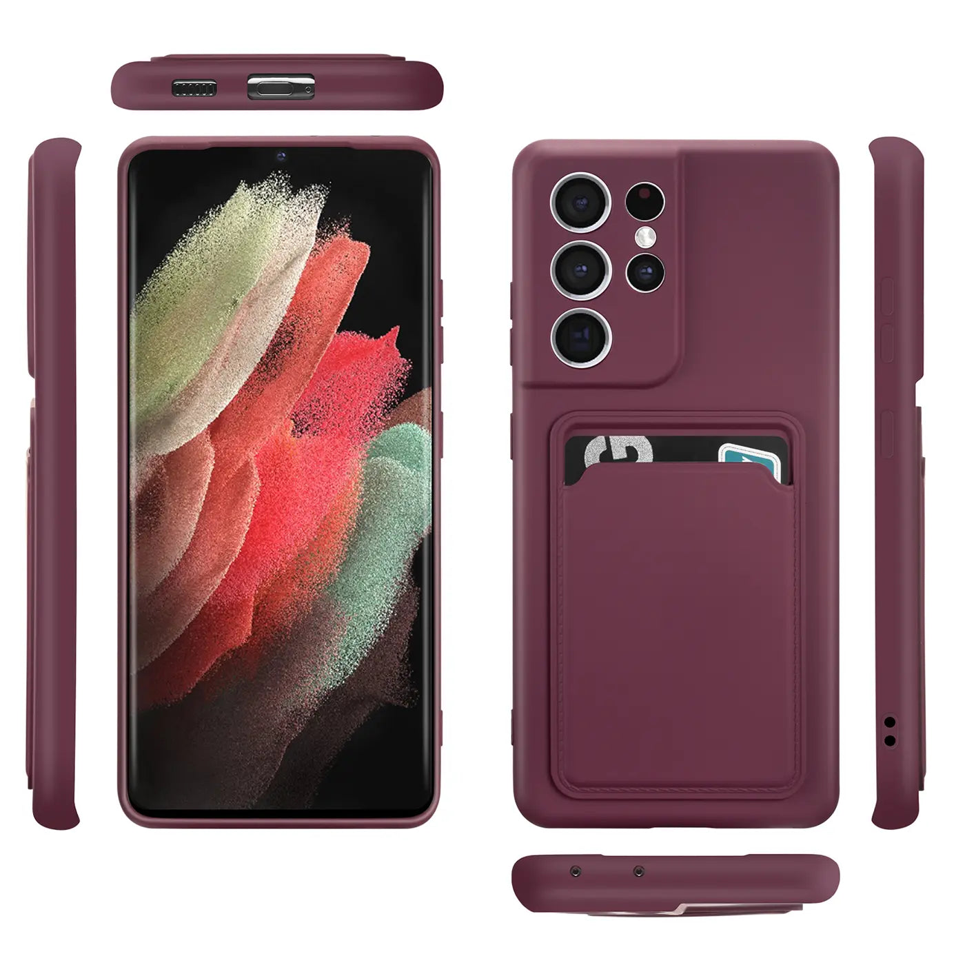Dunkelrote Slim Hülle mit Kartenfach für Samsung S21 Ultra, verschiedene Ansichten