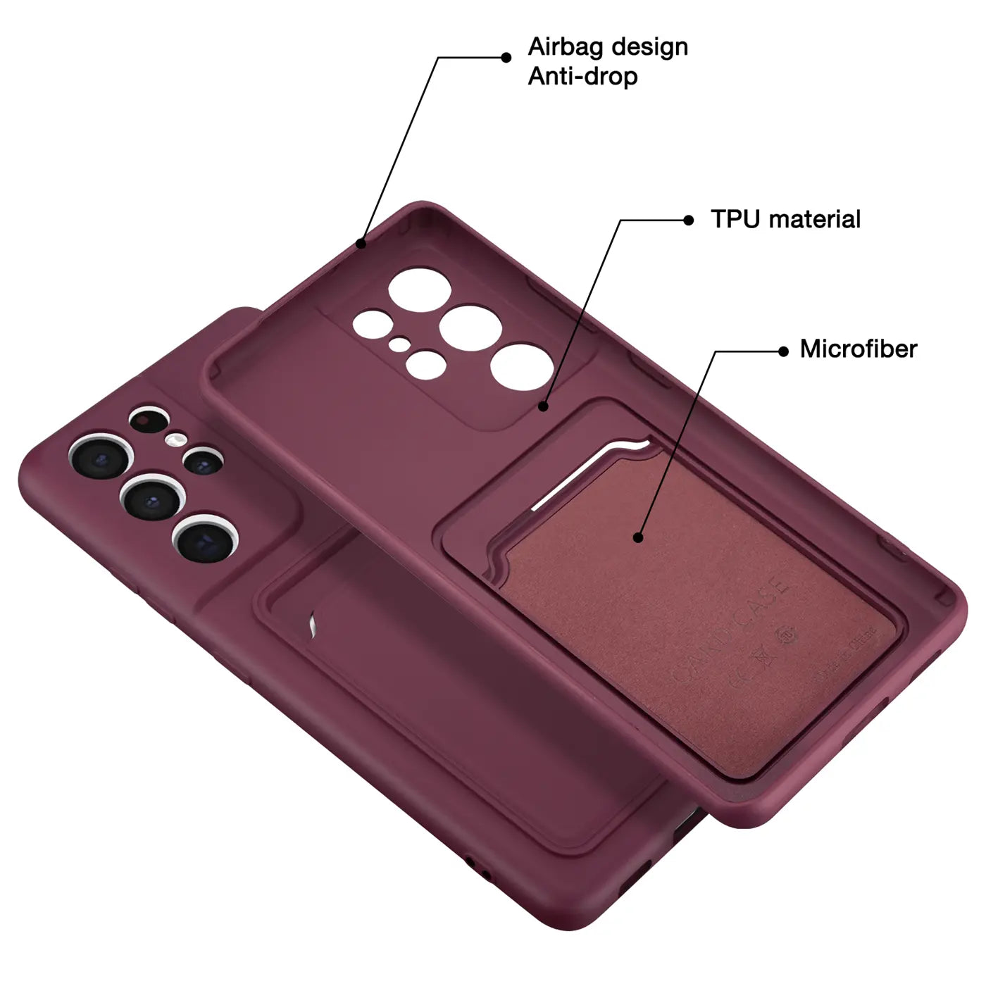 Dunkelrote TPU-Hülle mit Kartenfach für Samsung Galaxy S21 Ultra, von oben gezeigt.