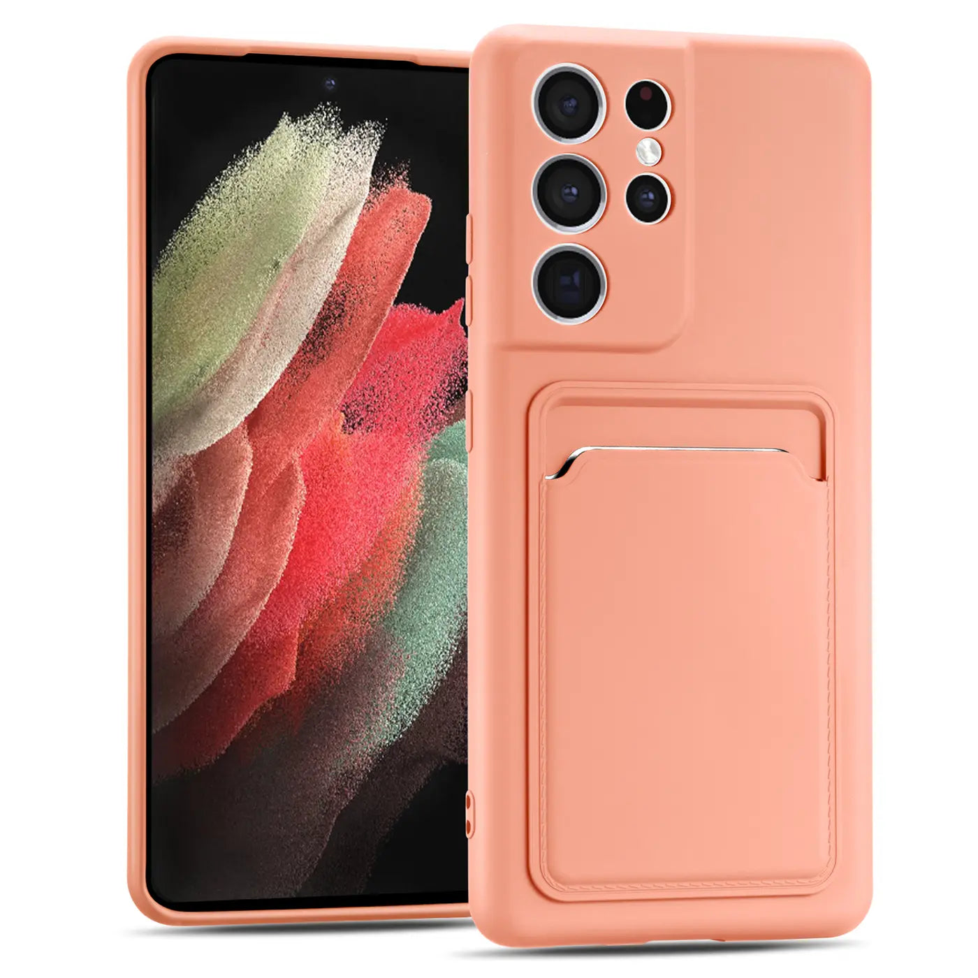 Pfirsichfarbene Slim Hülle mit Kartenfach für Samsung Galaxy S21 Ultra, von vorne/leicht schräg.