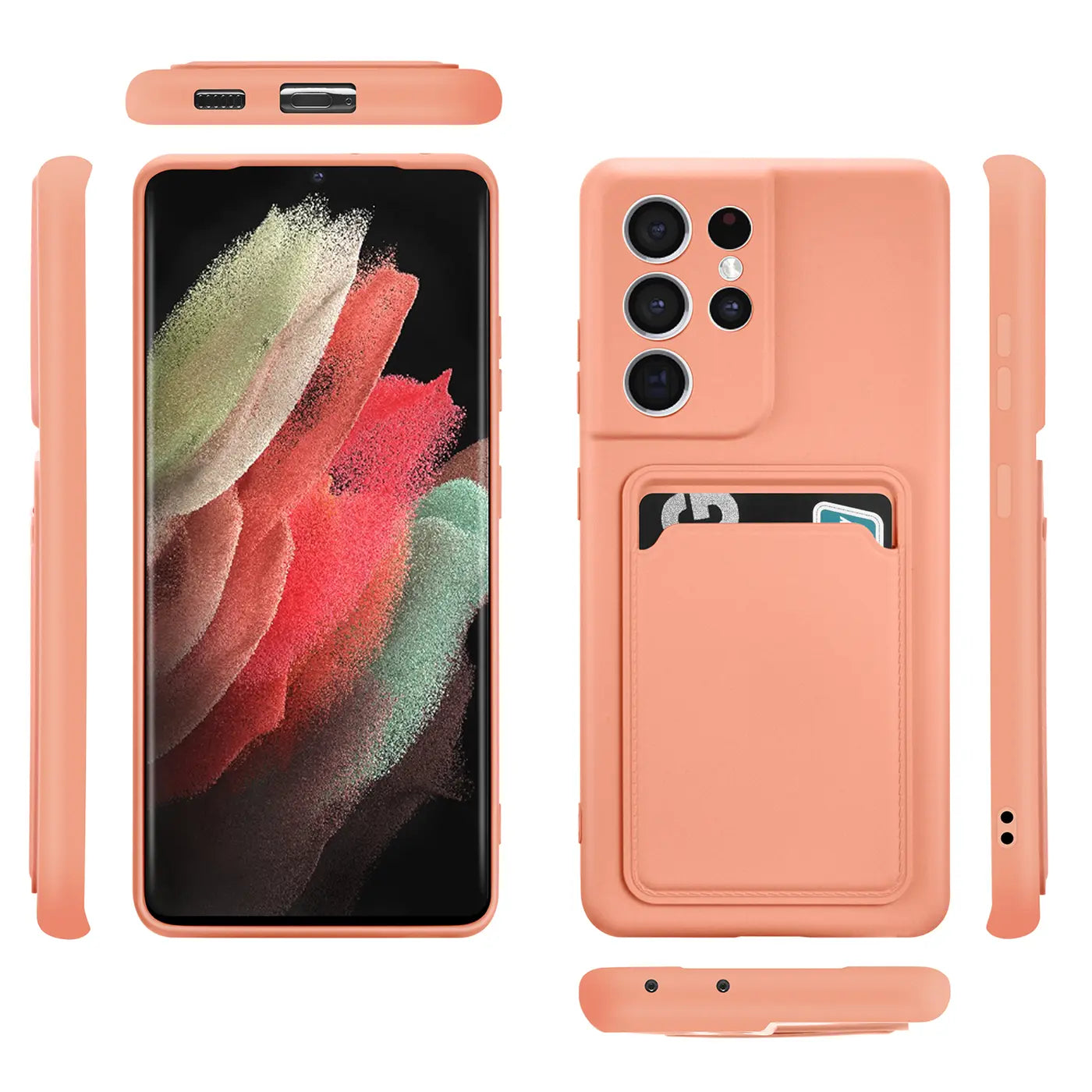Orange Hülle aus Silikon für Samsung Galaxy S21 Ultra mit Kartenfach, verschiedene Ansichten.