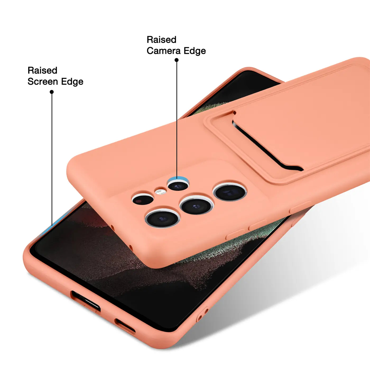 Korallenfarbene Slim Hülle mit Kartenfach für Samsung S21 Ultra, von oben, aus Silikon.