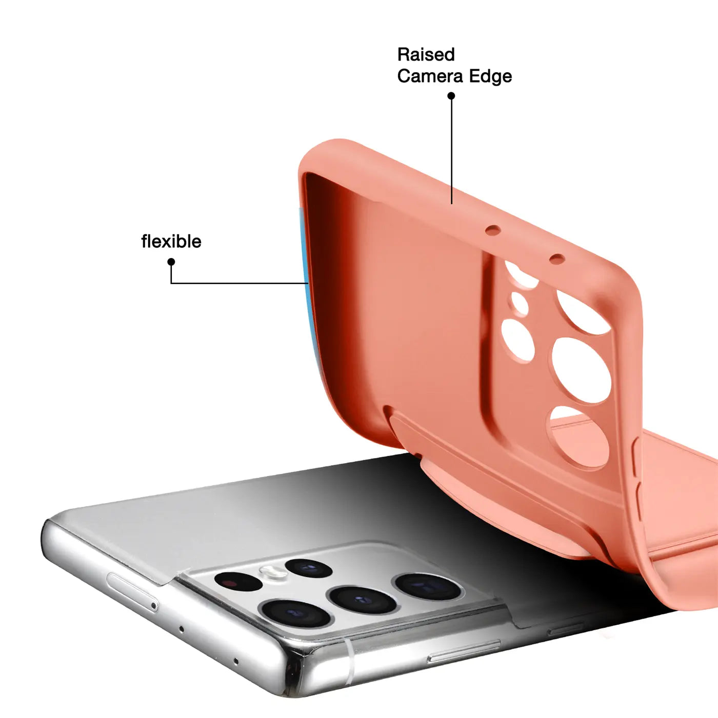 Orange flexible Hülle wird auf ein silbernes Samsung Galaxy S21 Ultra aufgesetzt.