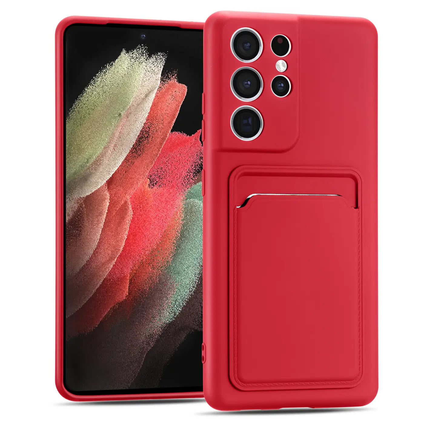 Rote Slim Hülle aus Kunststoff mit Kartenfach für Samsung S21 Ultra, von vorne links gesehen.