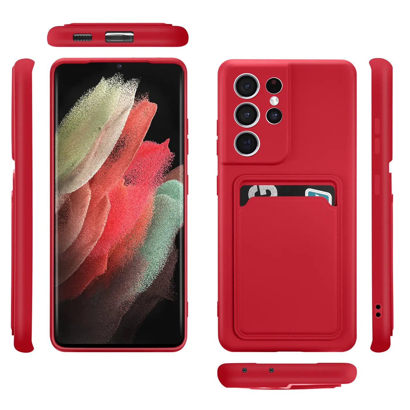 Rote Slim Hülle mit Kartenfach für Samsung S21 Ultra, verschiedene Ansichten
