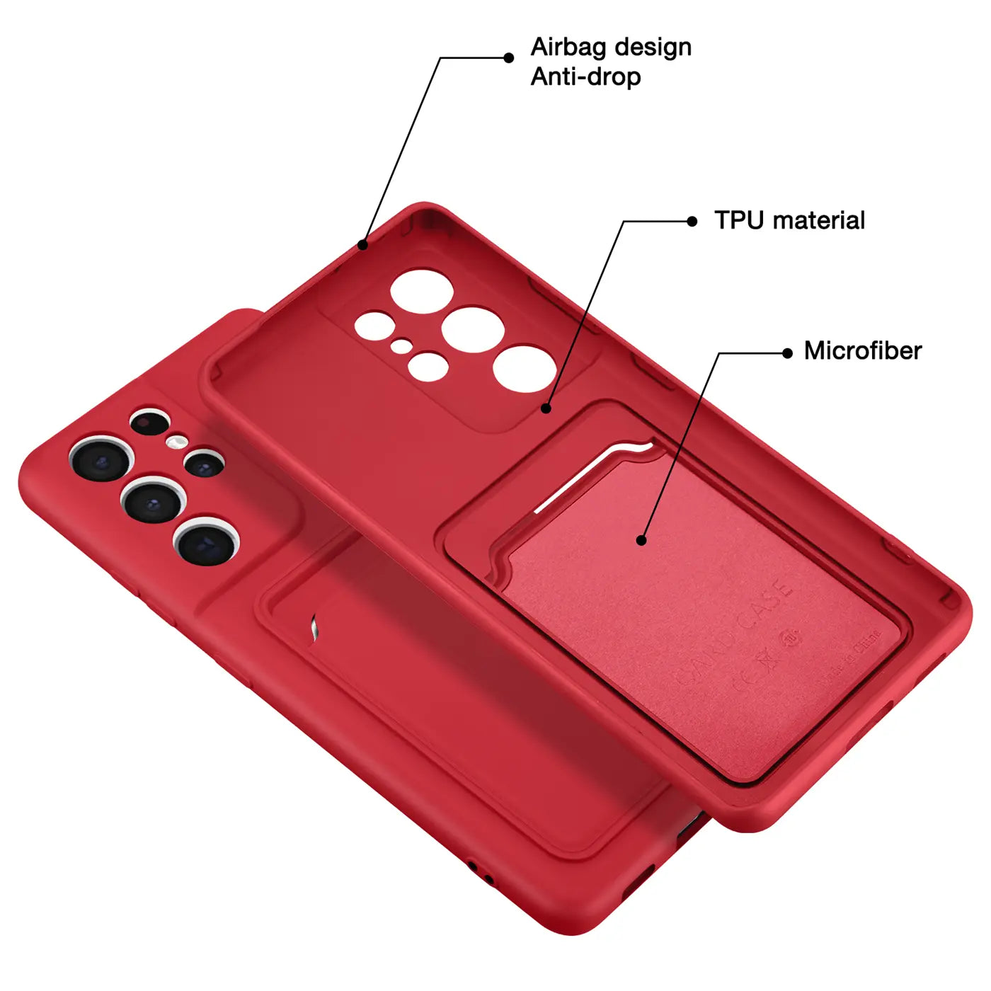 Rote TPU-Hülle mit Kartenfach und Mikrofaserfutter, Rückansicht, für Samsung Galaxy S21 Ultra.