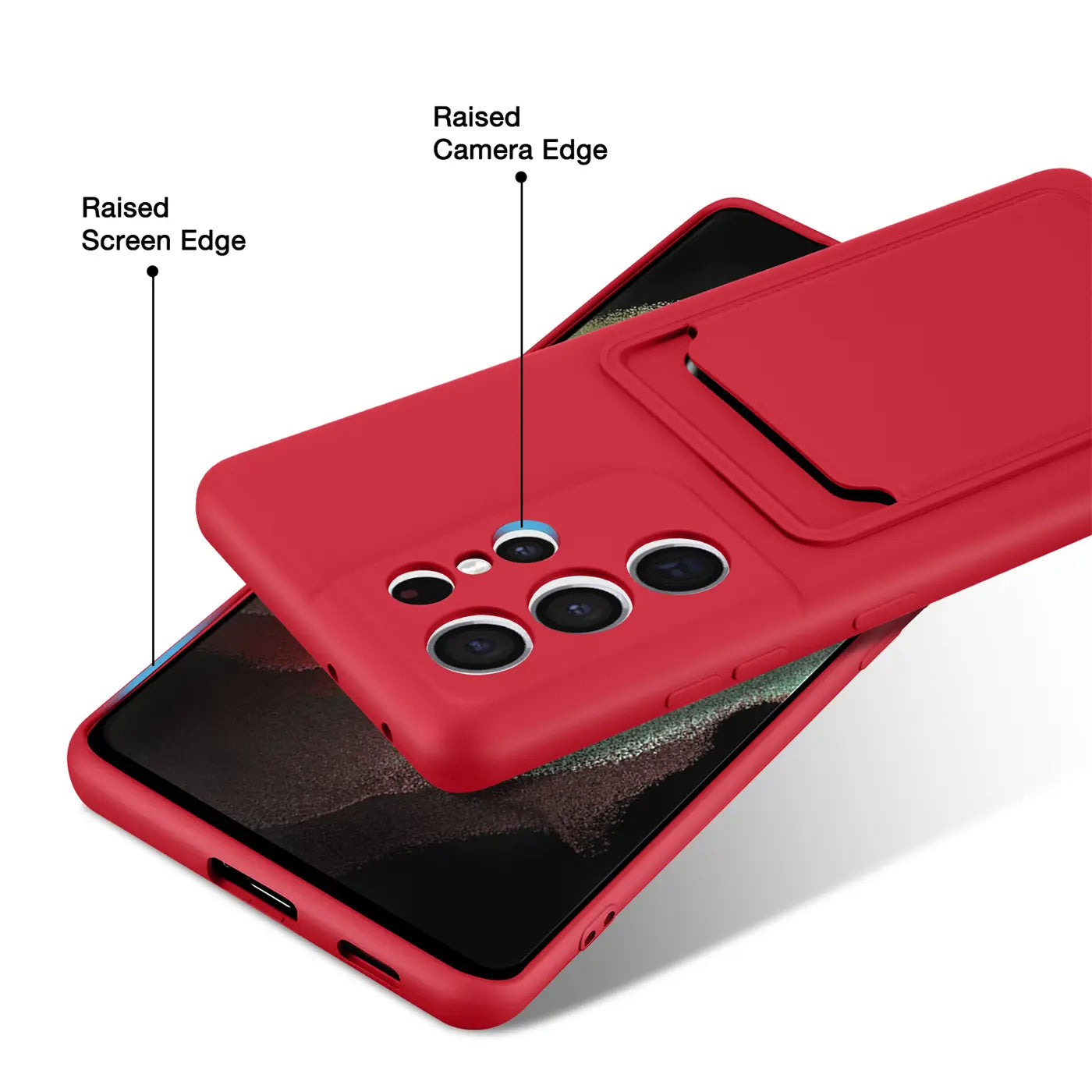 Rote Slim Hülle mit Kartenfach auf Samsung S21 Ultra, von oben rechts.