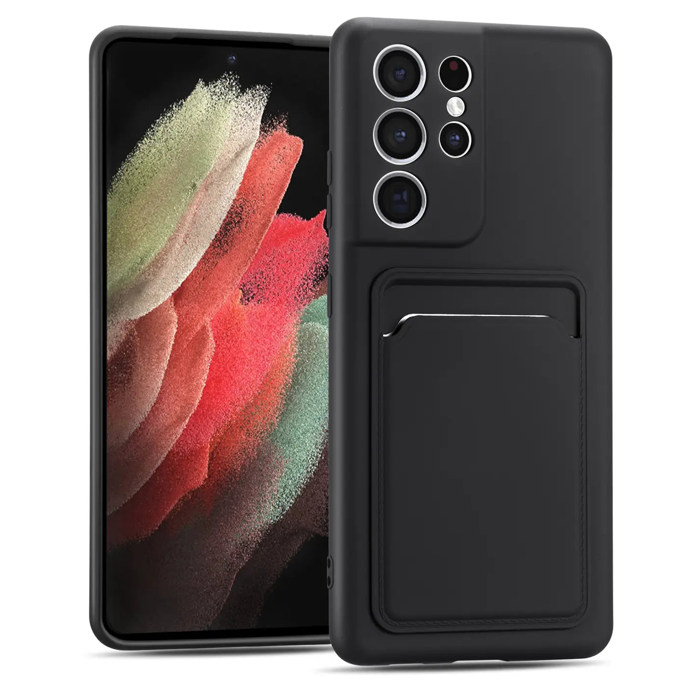 Schwarze Slim Hülle mit Kartenfach für Samsung Galaxy S21 Ultra, von vorne leicht schräg