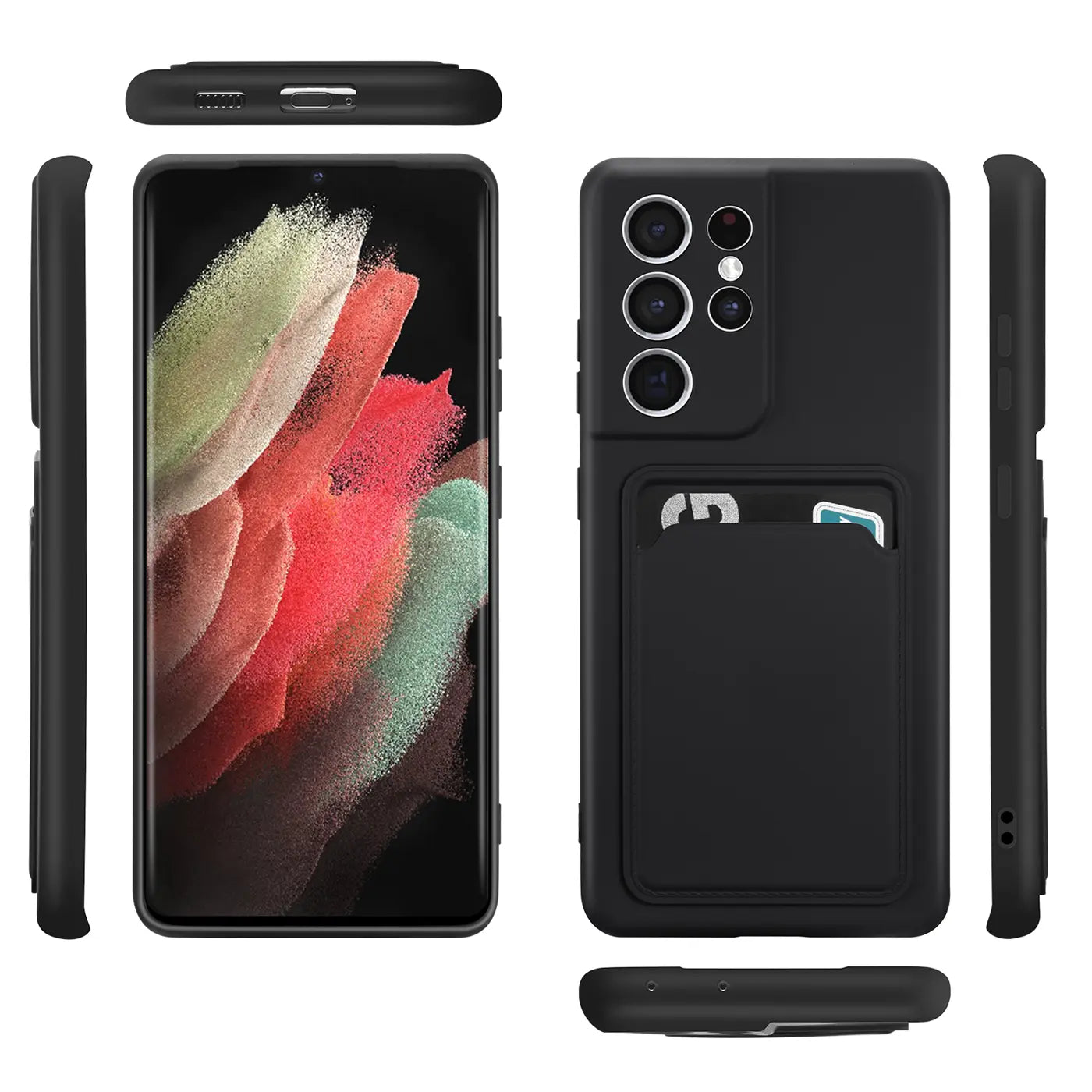 Schwarze Slim Hülle aus Kunststoff mit Kartenfach für Samsung Galaxy S21 Ultra, verschiedene Ansichten.