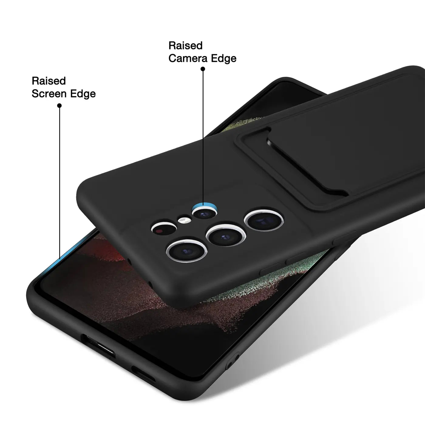Schwarze Slim Hülle mit Kartenfach, aus Kunststoff, von schräg oben, auf Samsung S21 Ultra