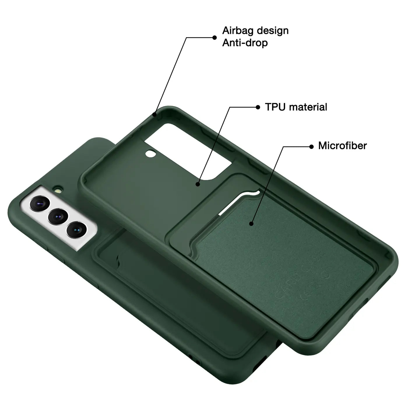 Dunkelgrüne TPU-Hülle mit Kartenfach, von oben schräg gezeigt, auf Samsung Galaxy S22.