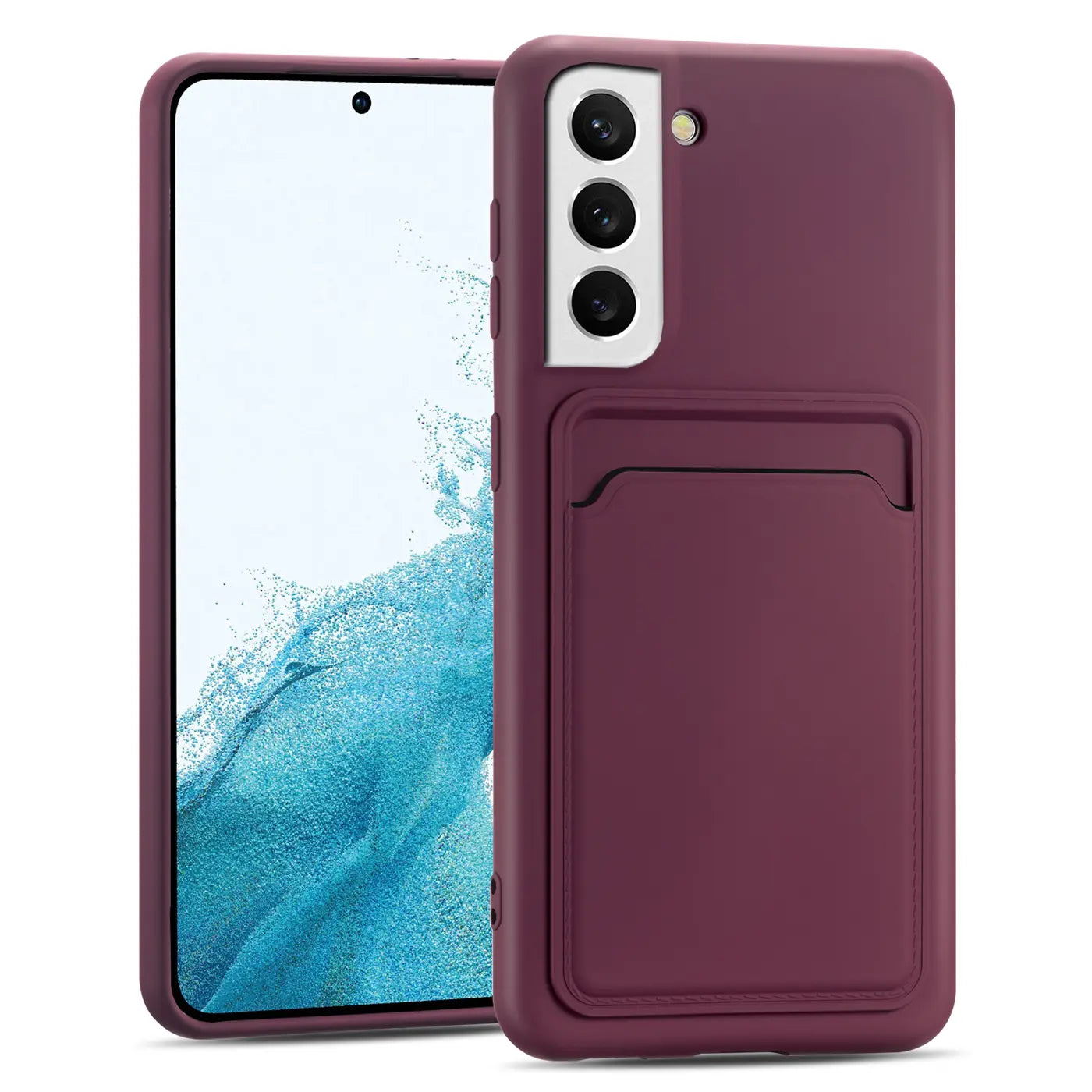 Dunkelrote Slim Hülle mit Kartenfach für Samsung Galaxy S22, aus Kunstleder, von vorne/schräg