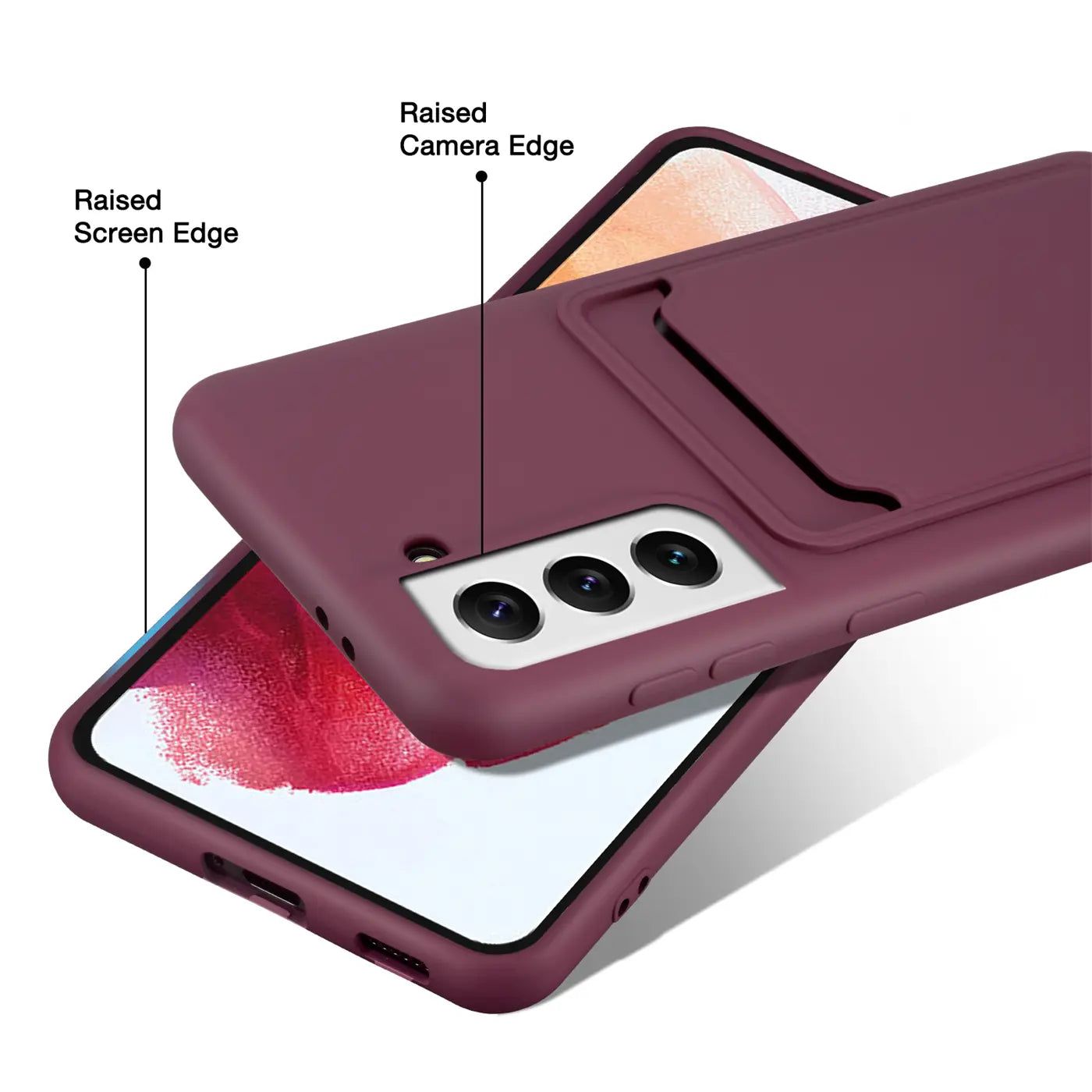 Dunkelrote Hülle mit Kartenfach für Samsung S22, von schräg oben, mit erhöhten Kanten.