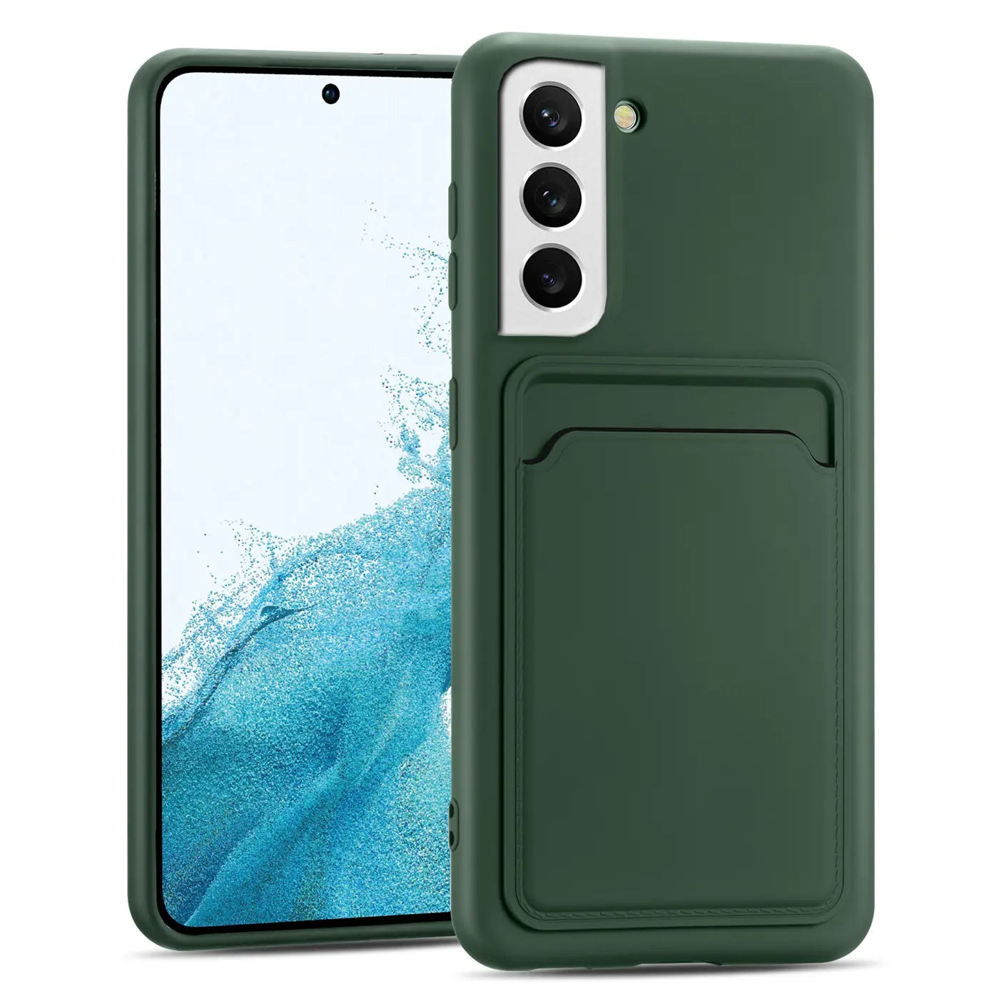 Dunkelgrüne Slim Hülle aus Kunststoff mit Kartenfach für Samsung Galaxy S22 Plus.