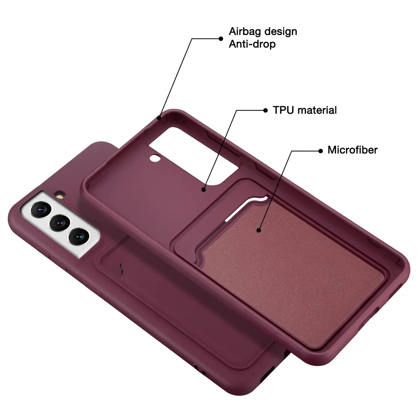Dunkelrote TPU-Hülle mit Kartenfach, von oben, zeigt Samsung Galaxy S22 Plus Rückseite.