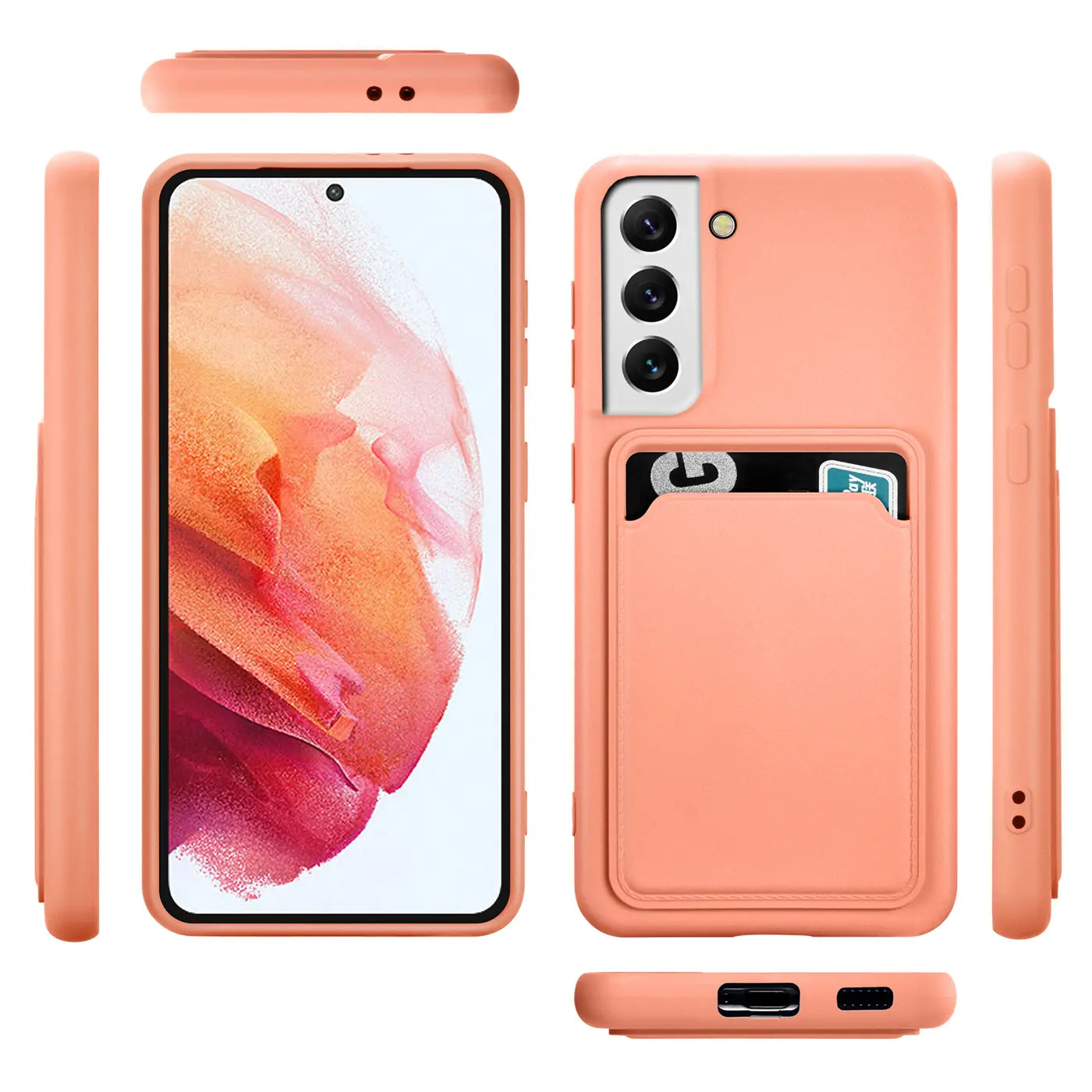 Orange Handyhülle aus Kunststoff mit Kartenfach für Samsung Galaxy S22 Plus, verschiedene Ansichten.