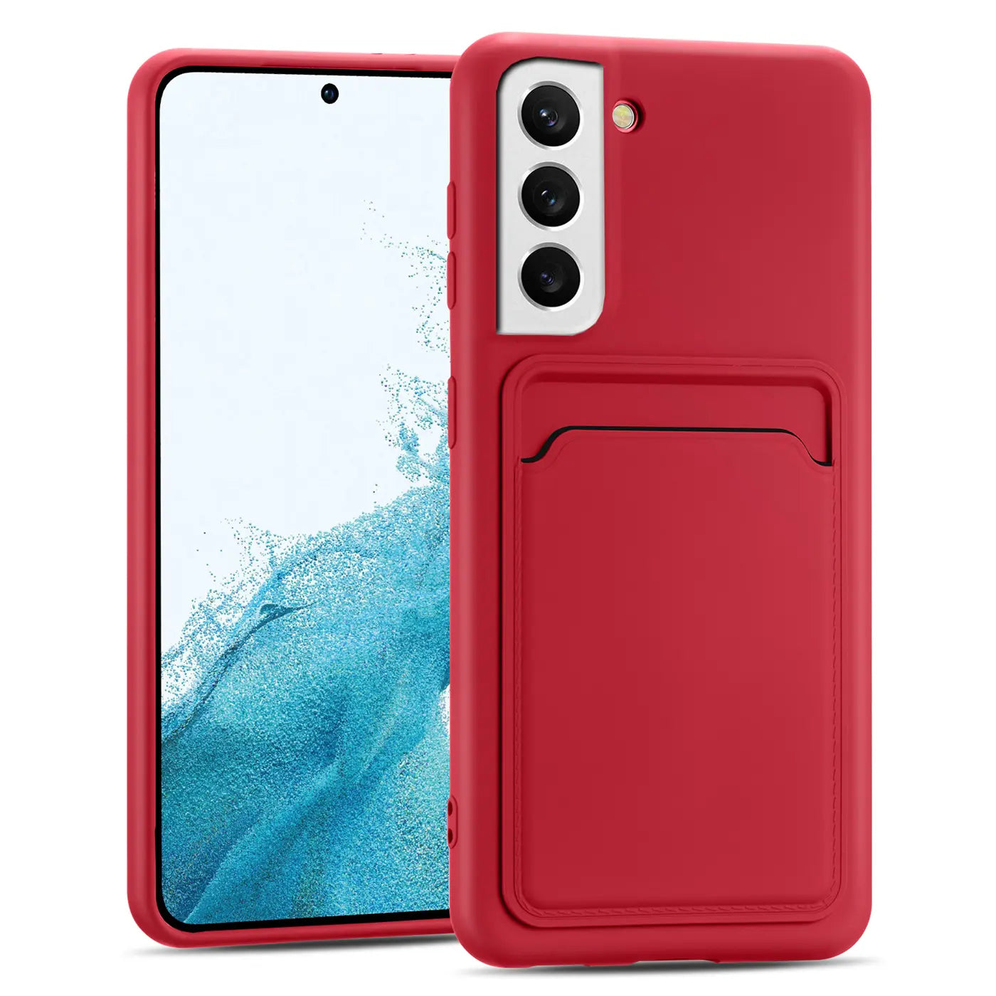 Rote Handyhülle aus Silikon mit Kartenfach, Vorder- und Rückansicht, Samsung Galaxy S22 Plus.