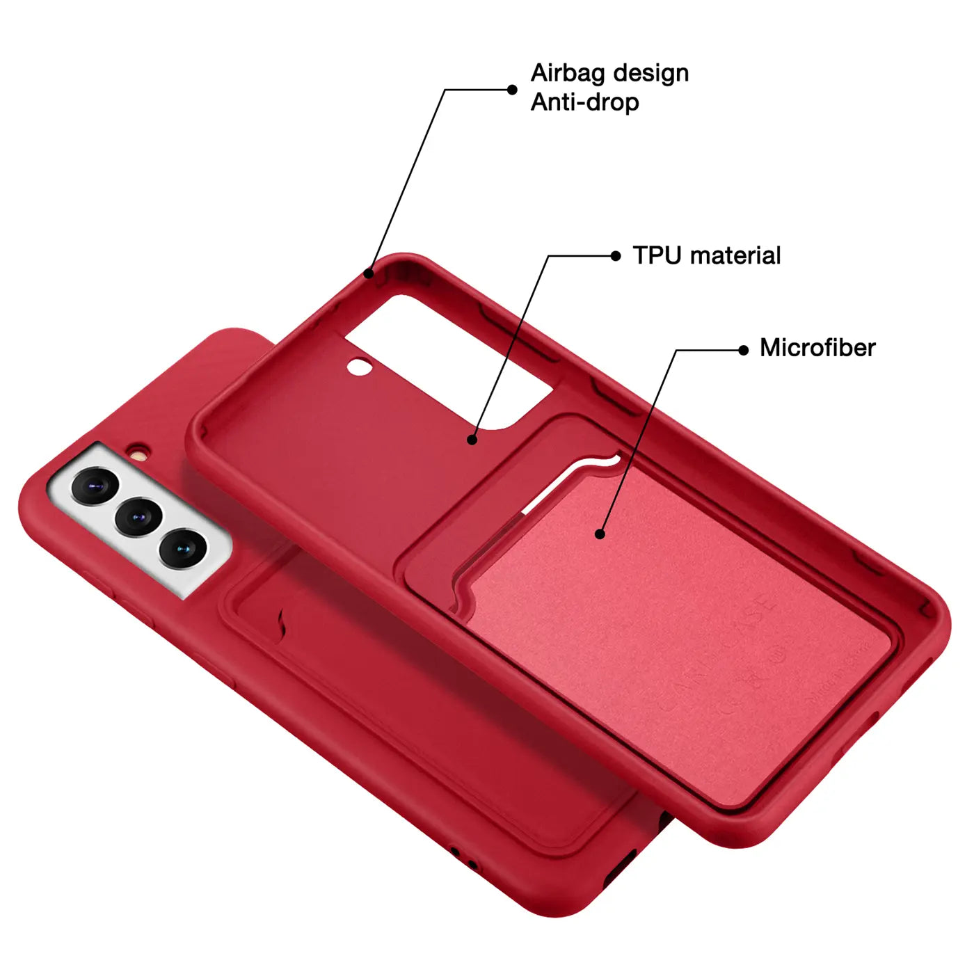 Rote TPU-Hülle mit Kartenfach, von oben schräg, zeigt Samsung Galaxy S22 Plus.