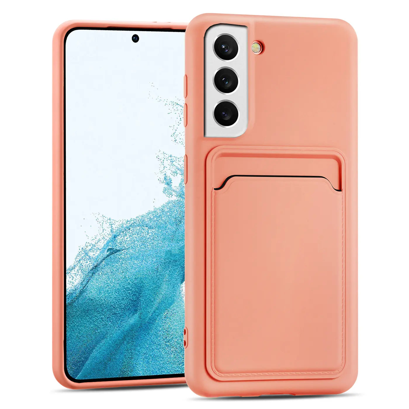 Pfirsichfarbene Hülle mit Kartenfach für Samsung Galaxy S22, von vorne links.