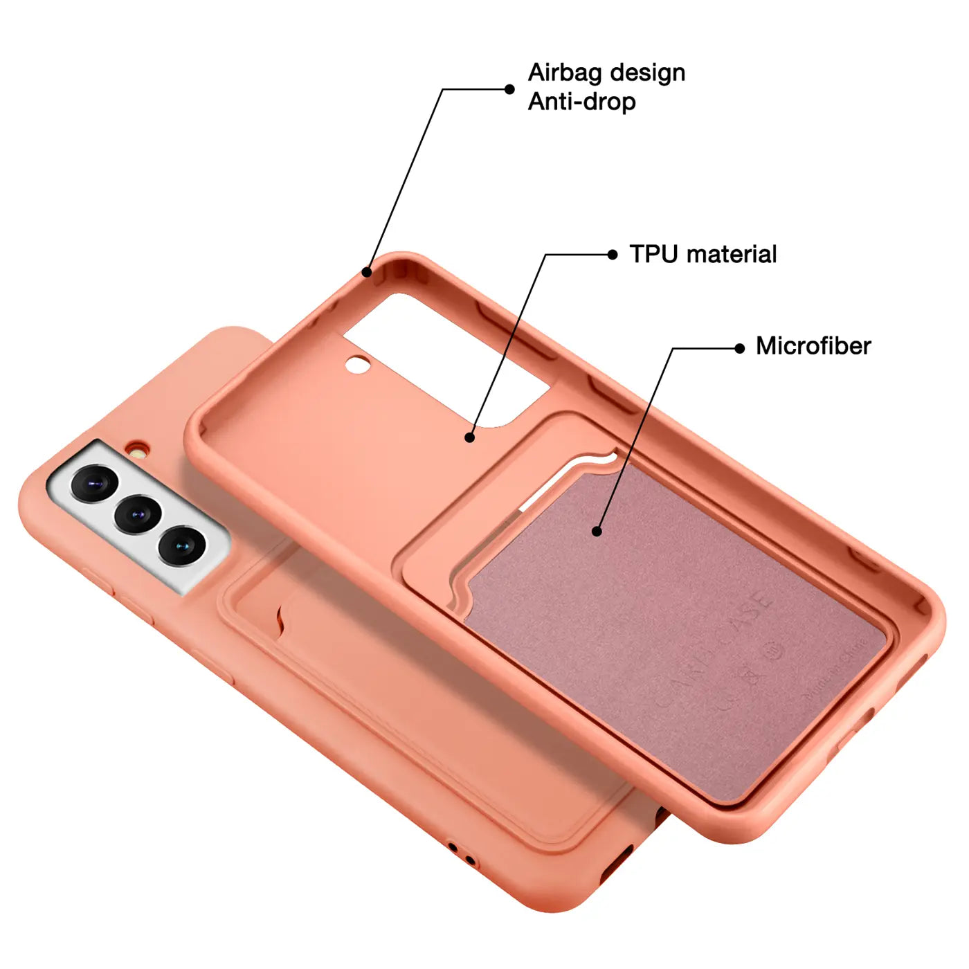 Orange TPU-Hülle mit Kartenfach für Samsung Galaxy S22, von schräg oben