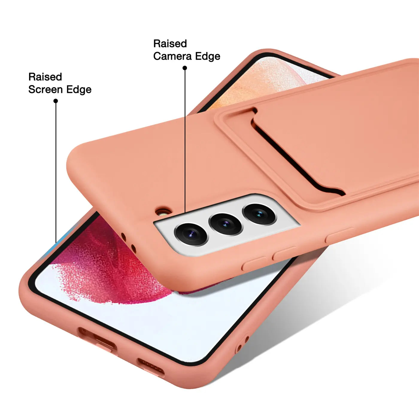 Korallefarbene Hülle mit Kartenfach auf Samsung S22, von schräg oben