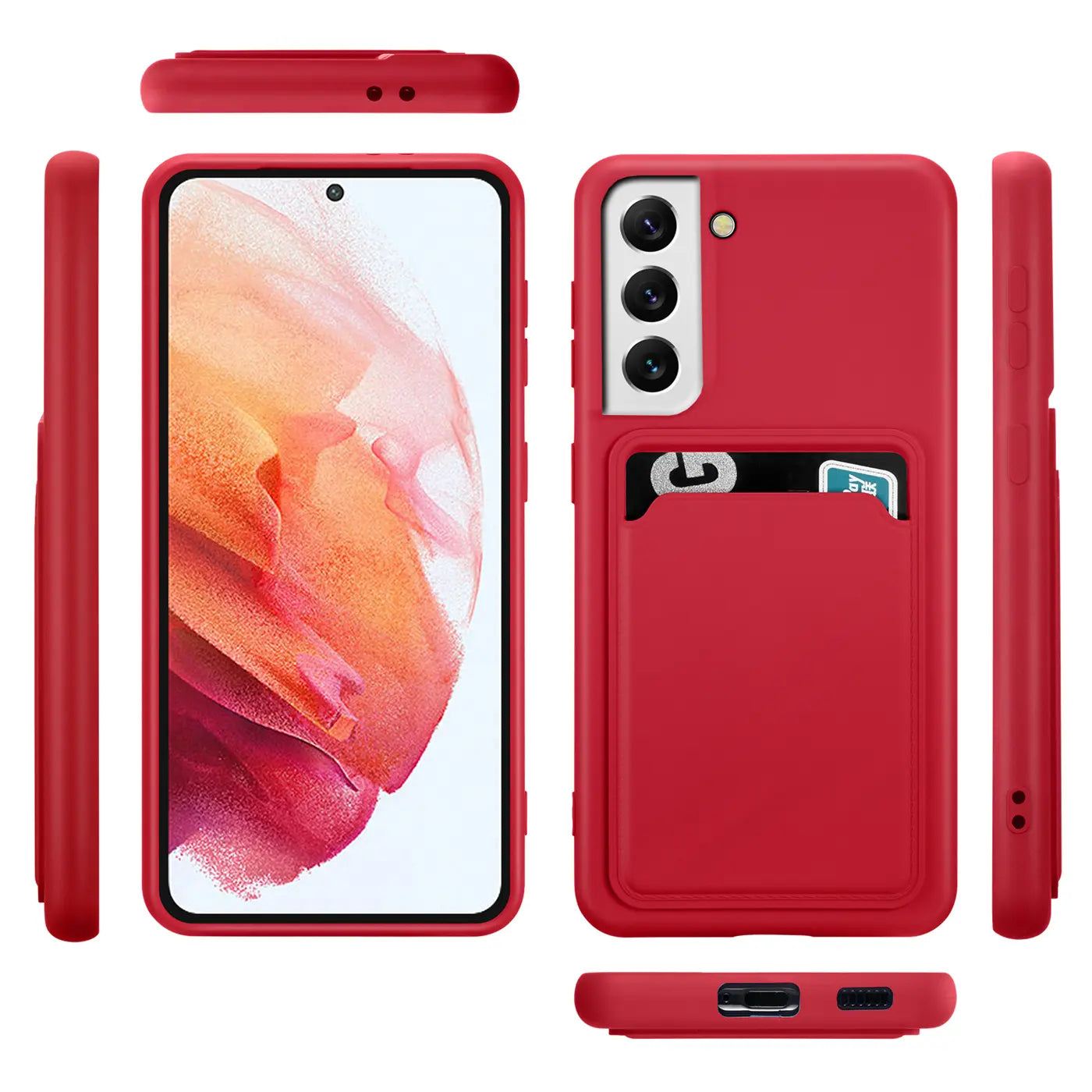 Rote Handyhülle aus Kunststoff mit Kartenfach für Samsung Galaxy S22, verschiedene Ansichten.
