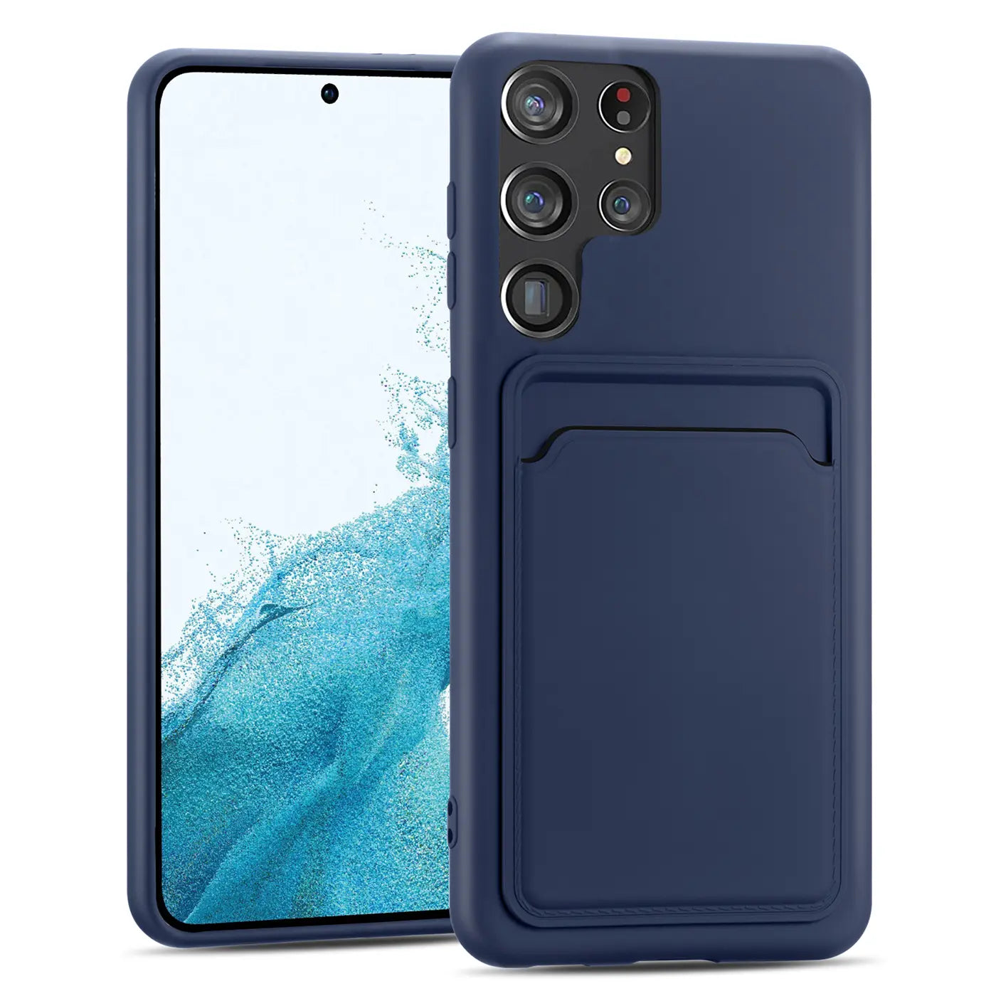 Dunkelblaue Slim-Hülle aus Kunststoff mit Kartenfach für Samsung Galaxy S22 Ultra, von vorne links