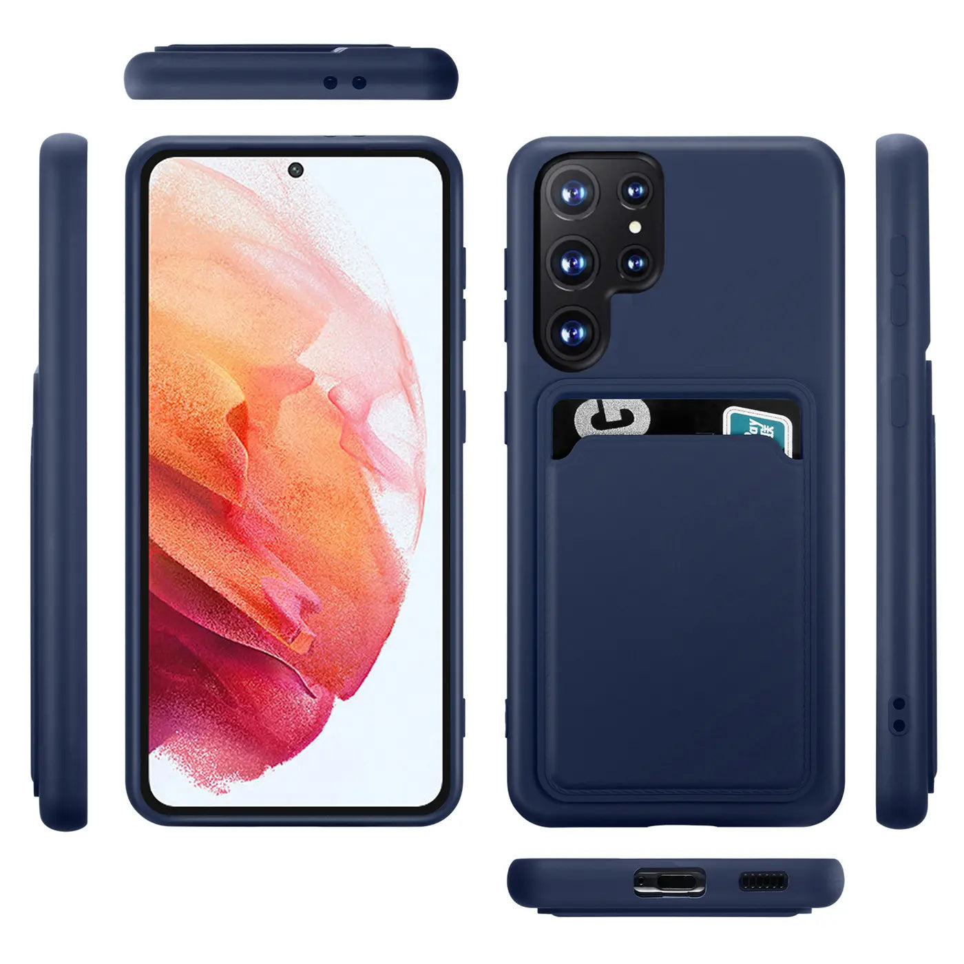 Dunkelblaue Slim-Hülle aus Kunststoff mit Kartenfach für Samsung Galaxy S22 Ultra, verschiedene Ansichten.