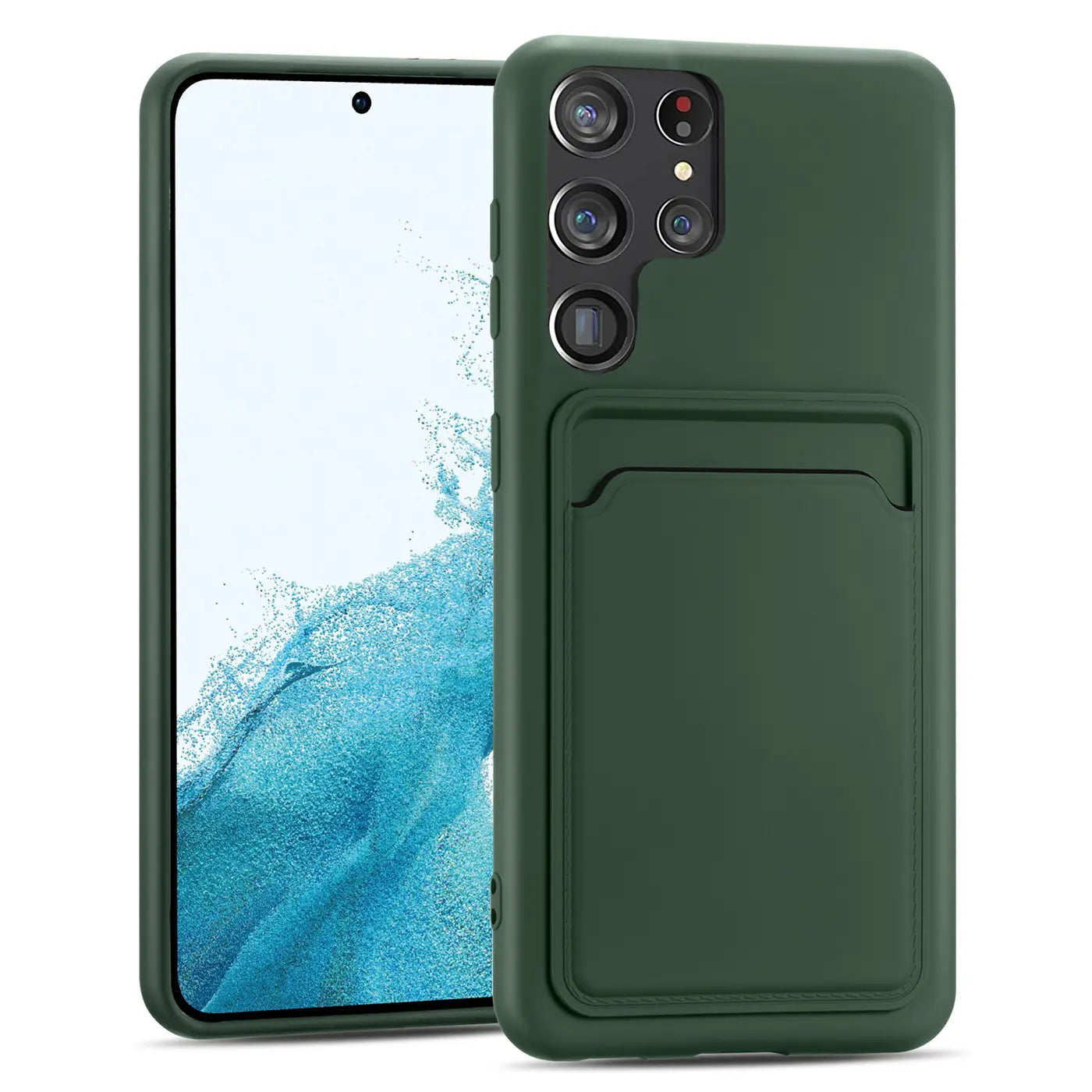 Dunkelgrüne Slim Hülle aus Kunststoff mit Kartenfach für Samsung S22 Ultra, von vorne/leicht schräg
