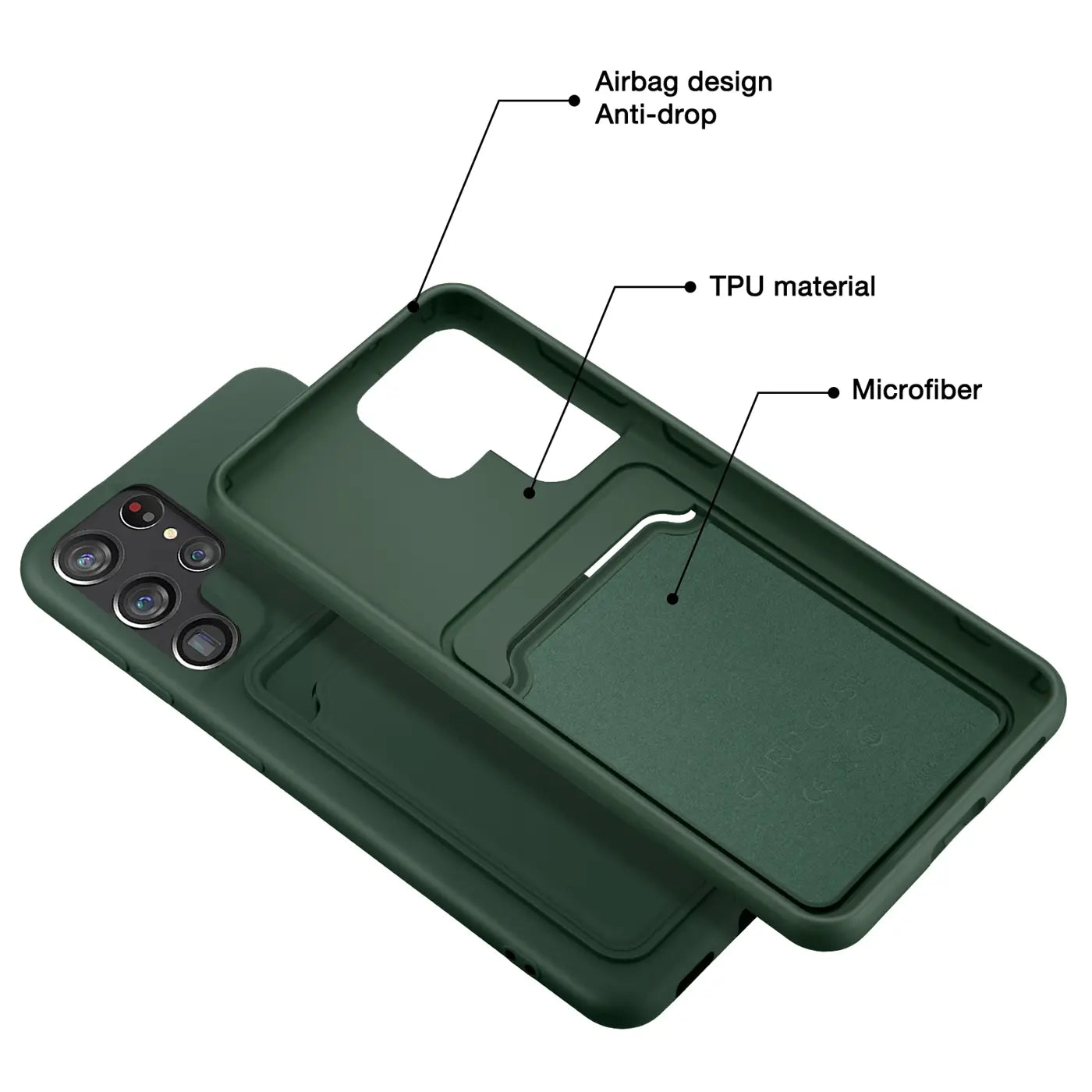 Dunkelgrüne TPU-Hülle mit Kartenfach für Samsung Galaxy S22 Ultra, von oben gesehen.