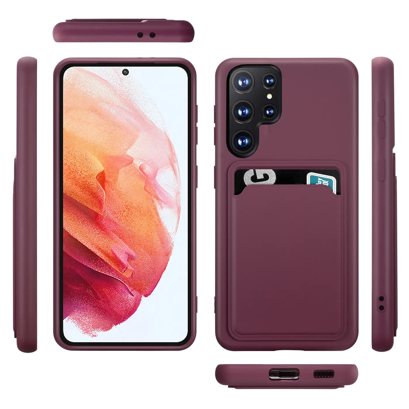 Dunkelrote Slim-Hülle mit Kartenfach für Samsung S22 Ultra, verschiedene Ansichten
